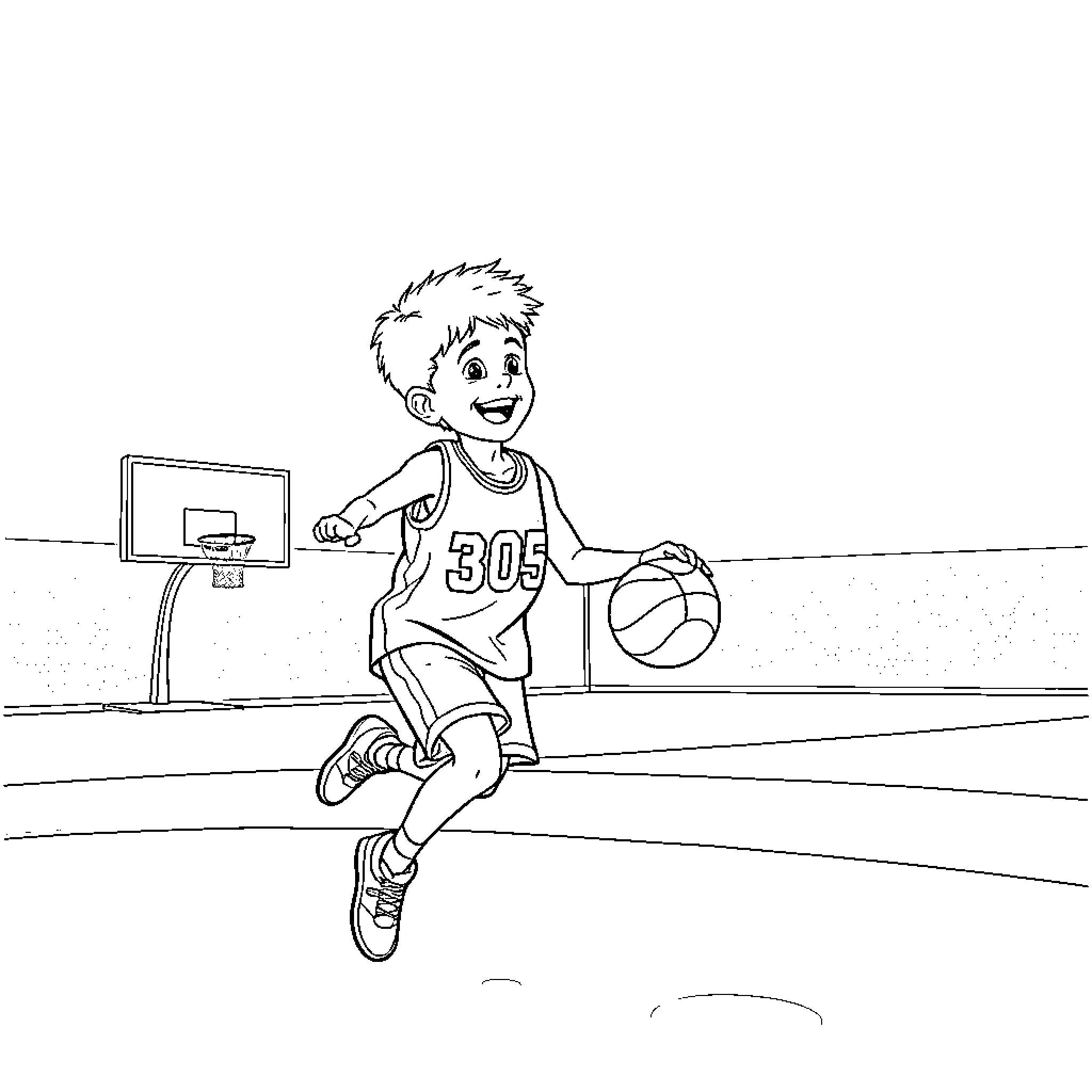 Boy playing basketball on the court Coloring Page (free black-and-white line drawing printable PDF for all, from beginners to advanced learners, including children, teens, adults, and seniors)