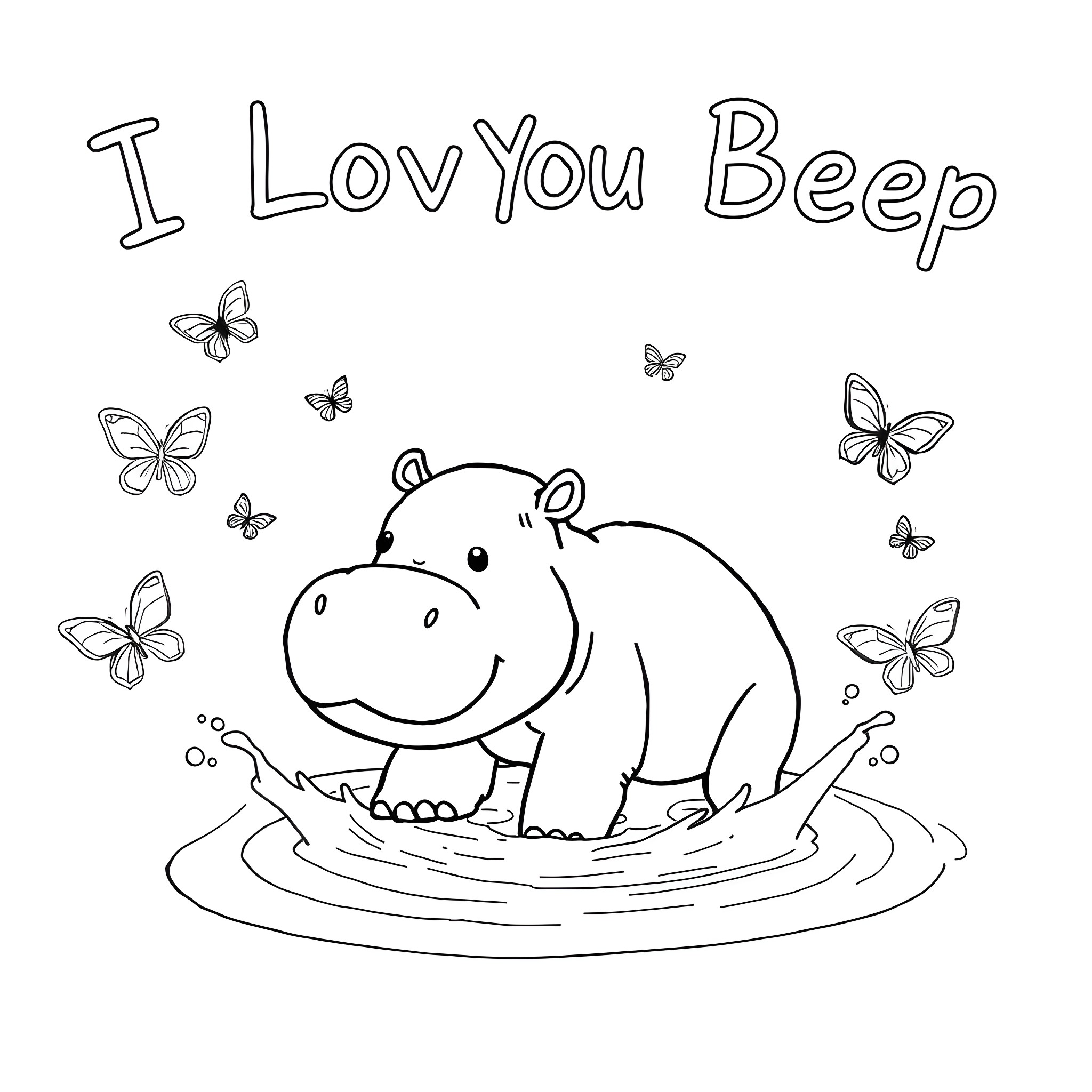 Hippo surrounded by butterflies in nature Coloring Page (free black-and-white line drawing printable PDF for all, from beginners to advanced learners, including children, teens, adults, and seniors)
