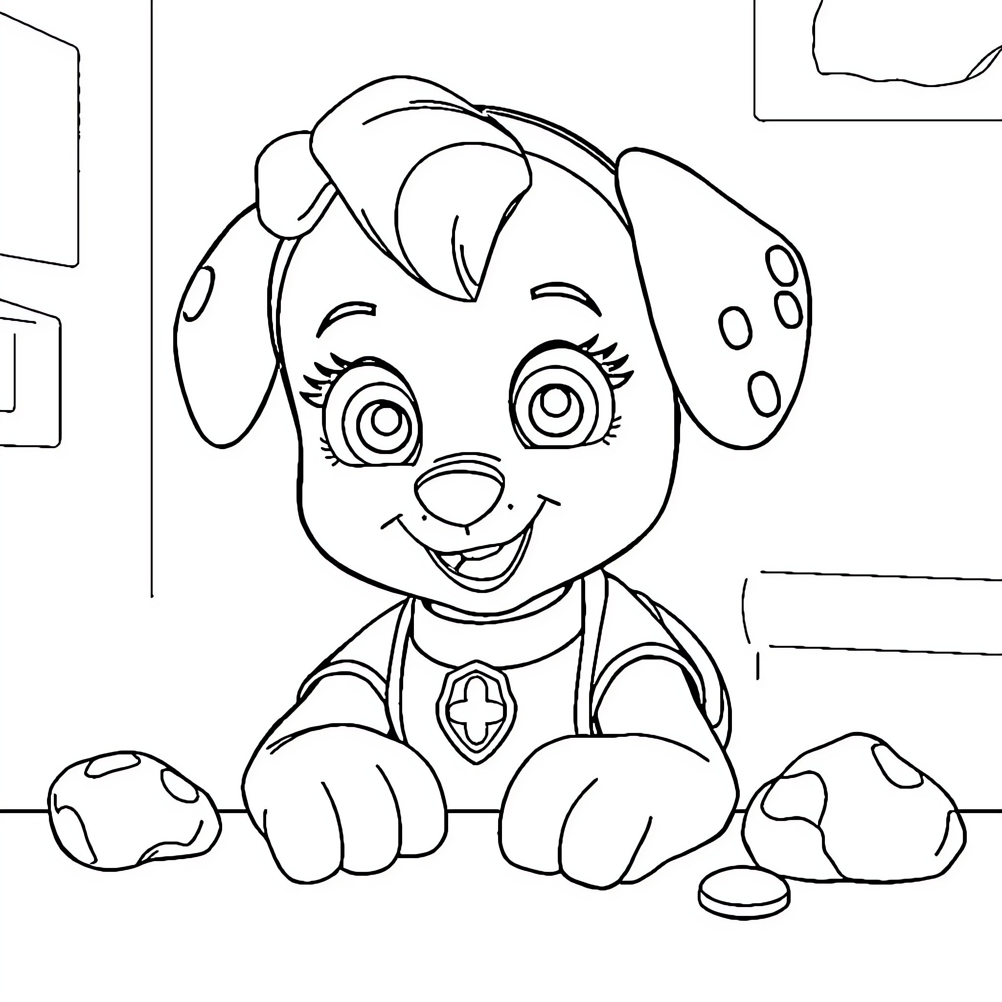 Stella the Puppy's Playful Antics Coloring Page (free black-and-white line drawing printable PDF for all, from beginners to advanced learners, including children, teens, adults, and seniors)