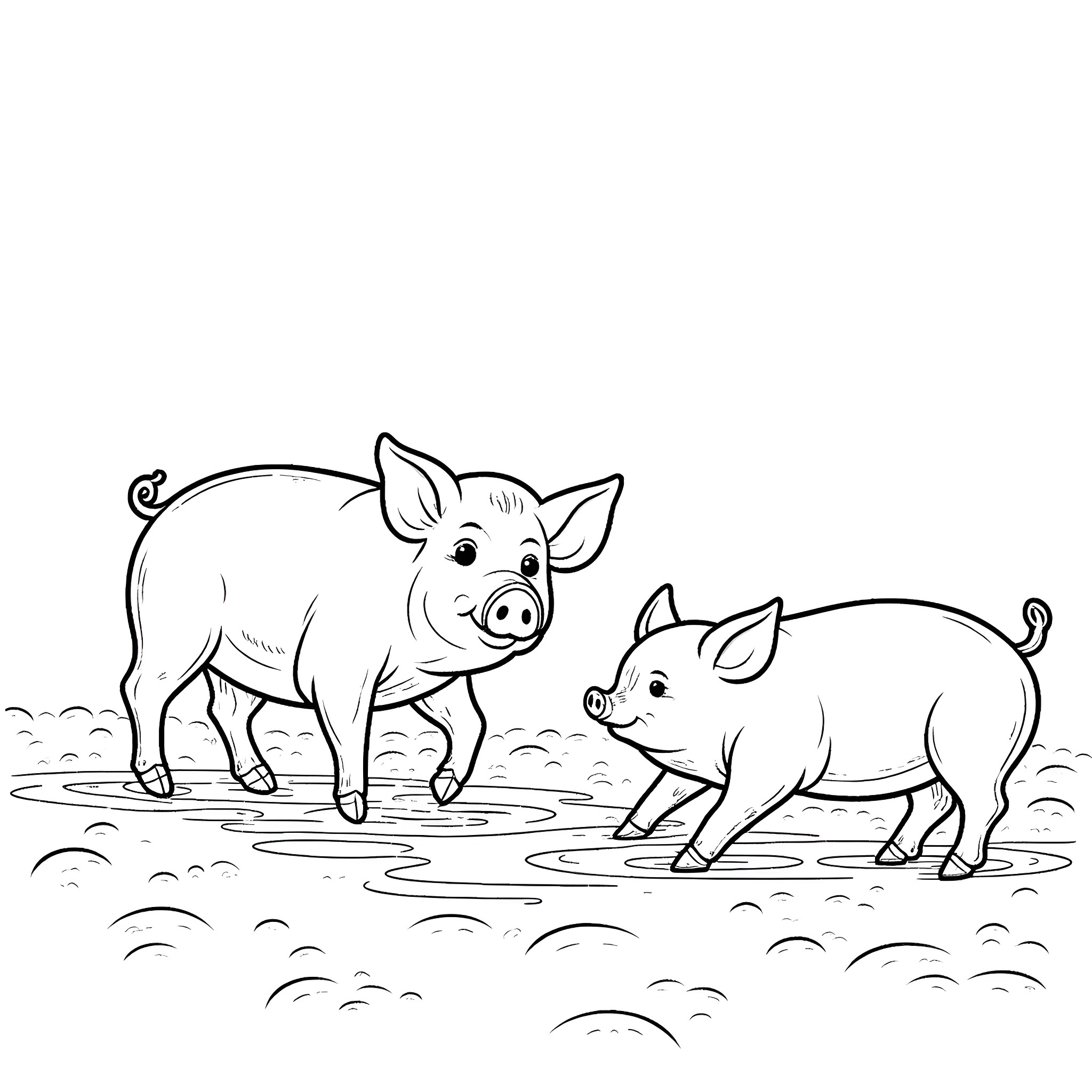 Pig pair exploring muddy field Coloring Page (free black-and-white line drawing printable PDF for all, from beginners to advanced learners, including children, teens, adults, and seniors)