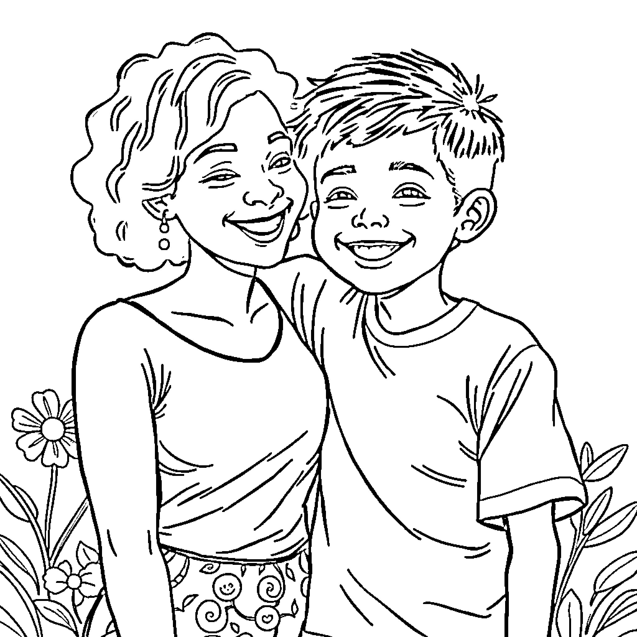 Family enjoying a joyful moment together Coloring Page (free black-and-white line drawing printable PDF for all, from beginners to advanced learners, including children, teens, adults, and seniors)