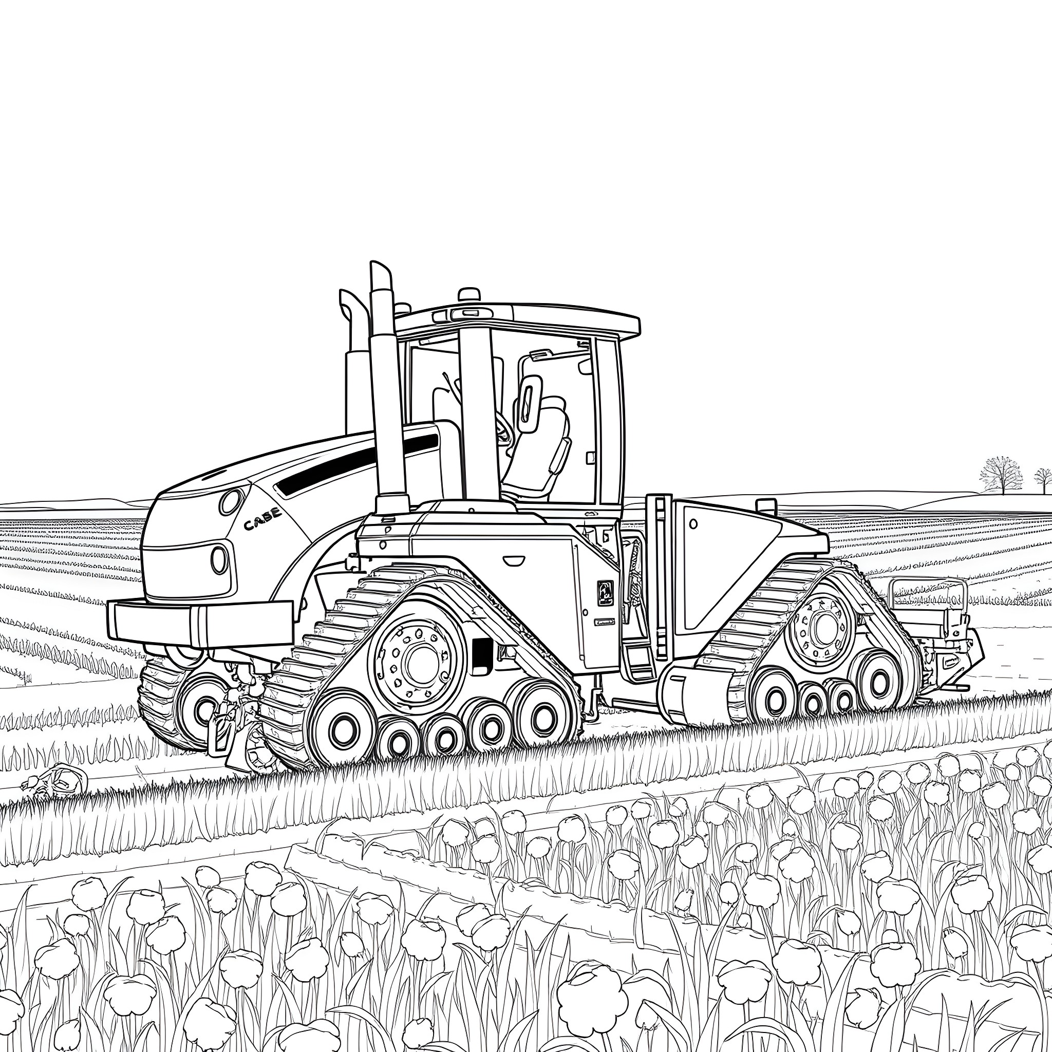 Case 715 Quadtrac in rural field operation Coloring Page (free black-and-white line drawing printable PDF for all, from beginners to advanced learners, including children, teens, adults, and seniors)
