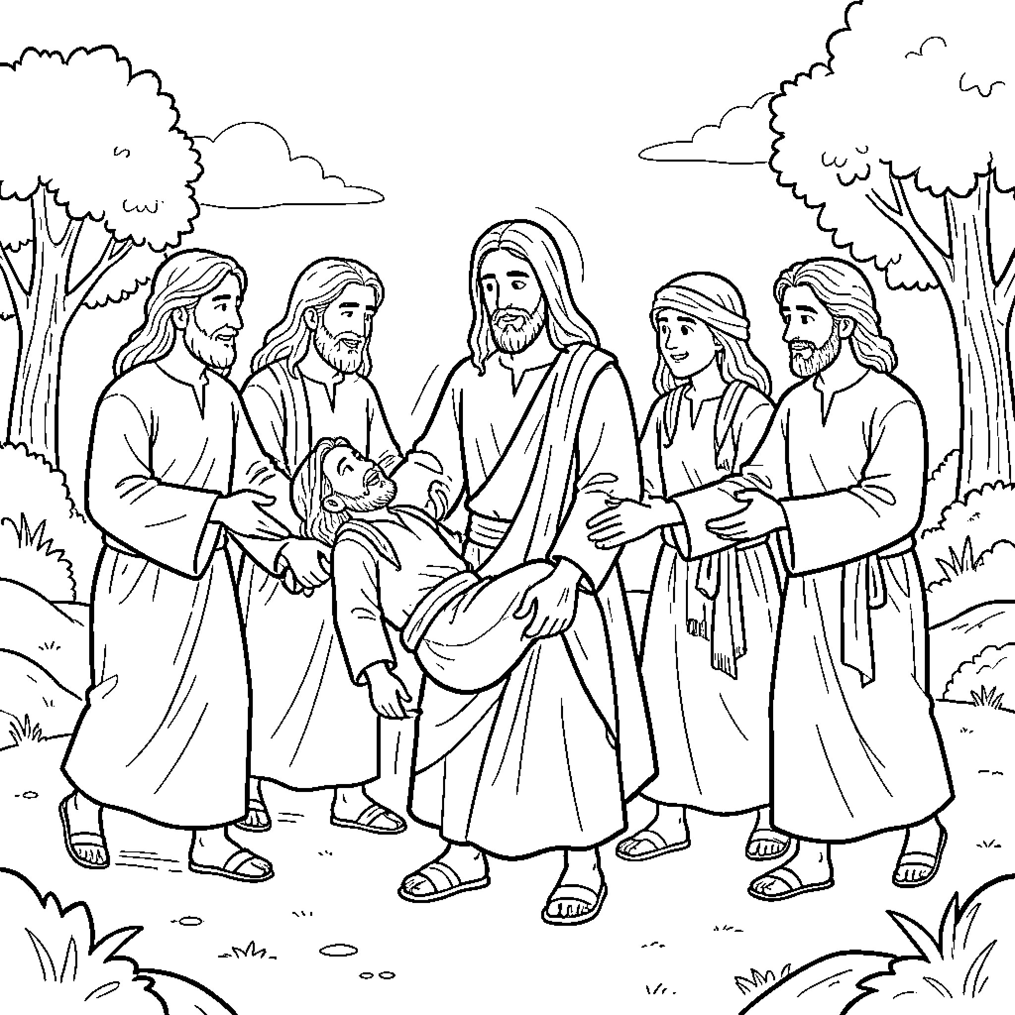 Jesus teaching and healing among his disciples Coloring Page (free black-and-white line drawing printable PDF for all, from beginners to advanced learners, including children, teens, adults, and seniors)