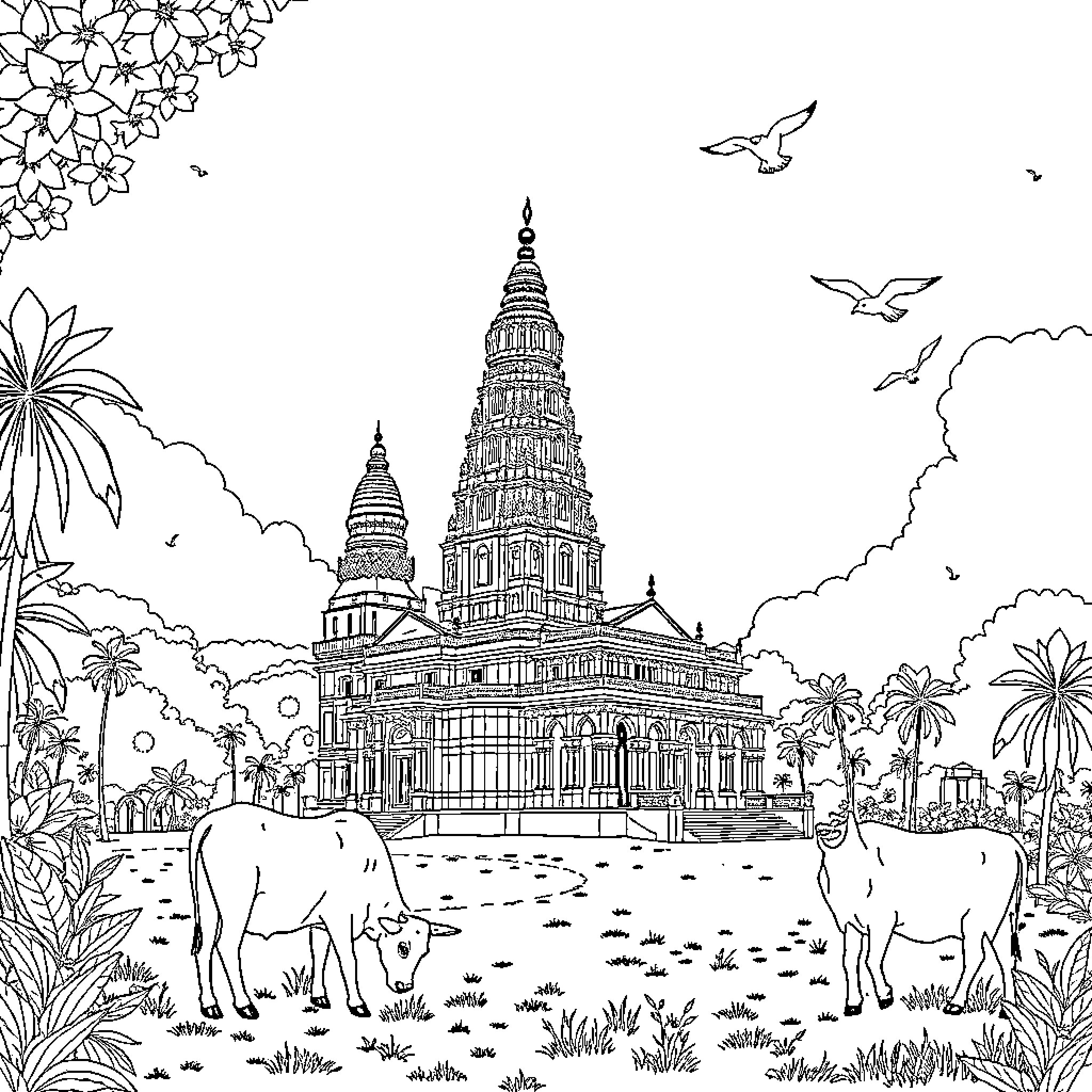 Temple of majestic architecture amid lush vegetation Coloring Page (free black-and-white line drawing printable PDF for all, from beginners to advanced learners, including children, teens, adults, and seniors)