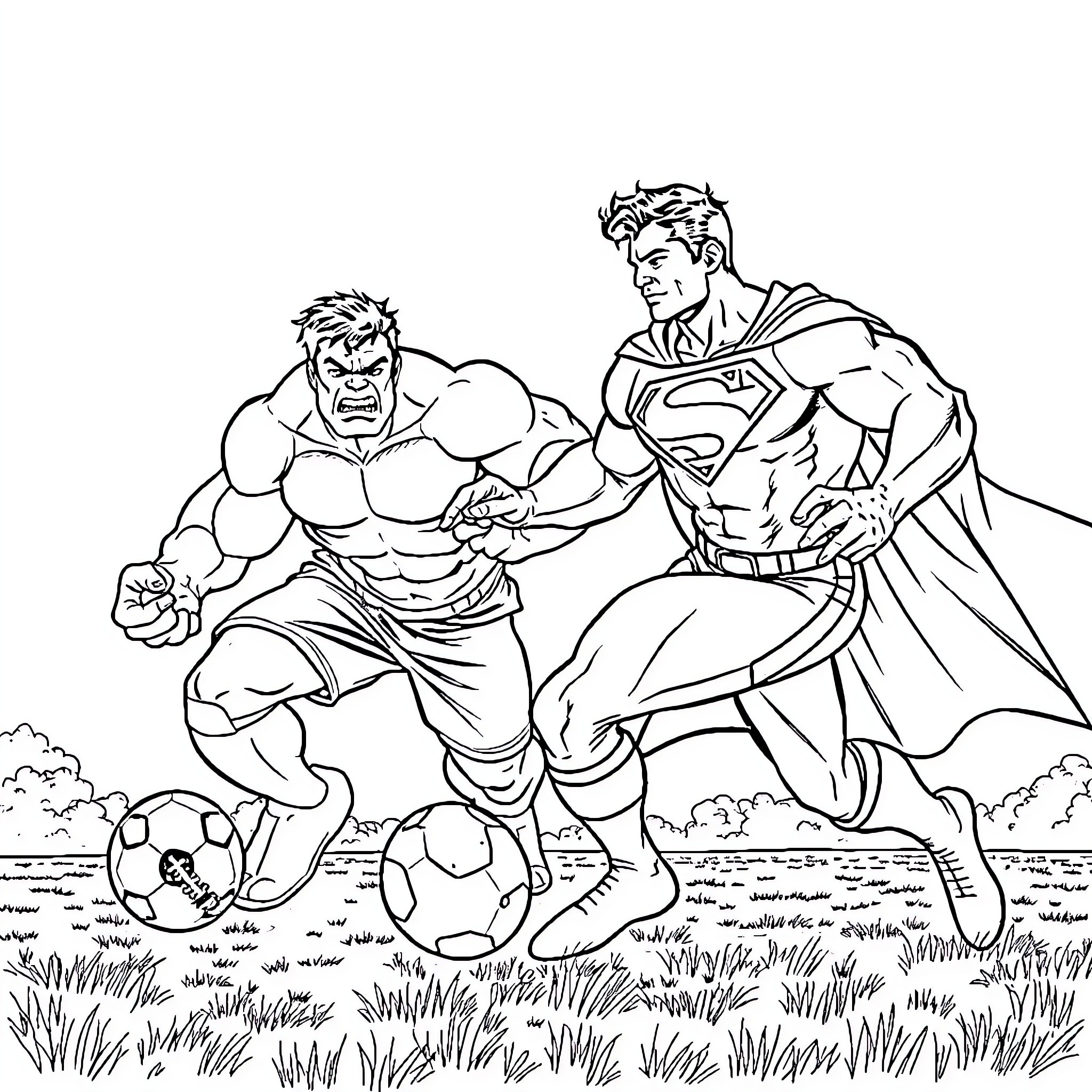 Superman and Hulk facing off on the field Coloring Page (free black-and-white line drawing printable PDF for all, from beginners to advanced learners, including children, teens, adults, and seniors)