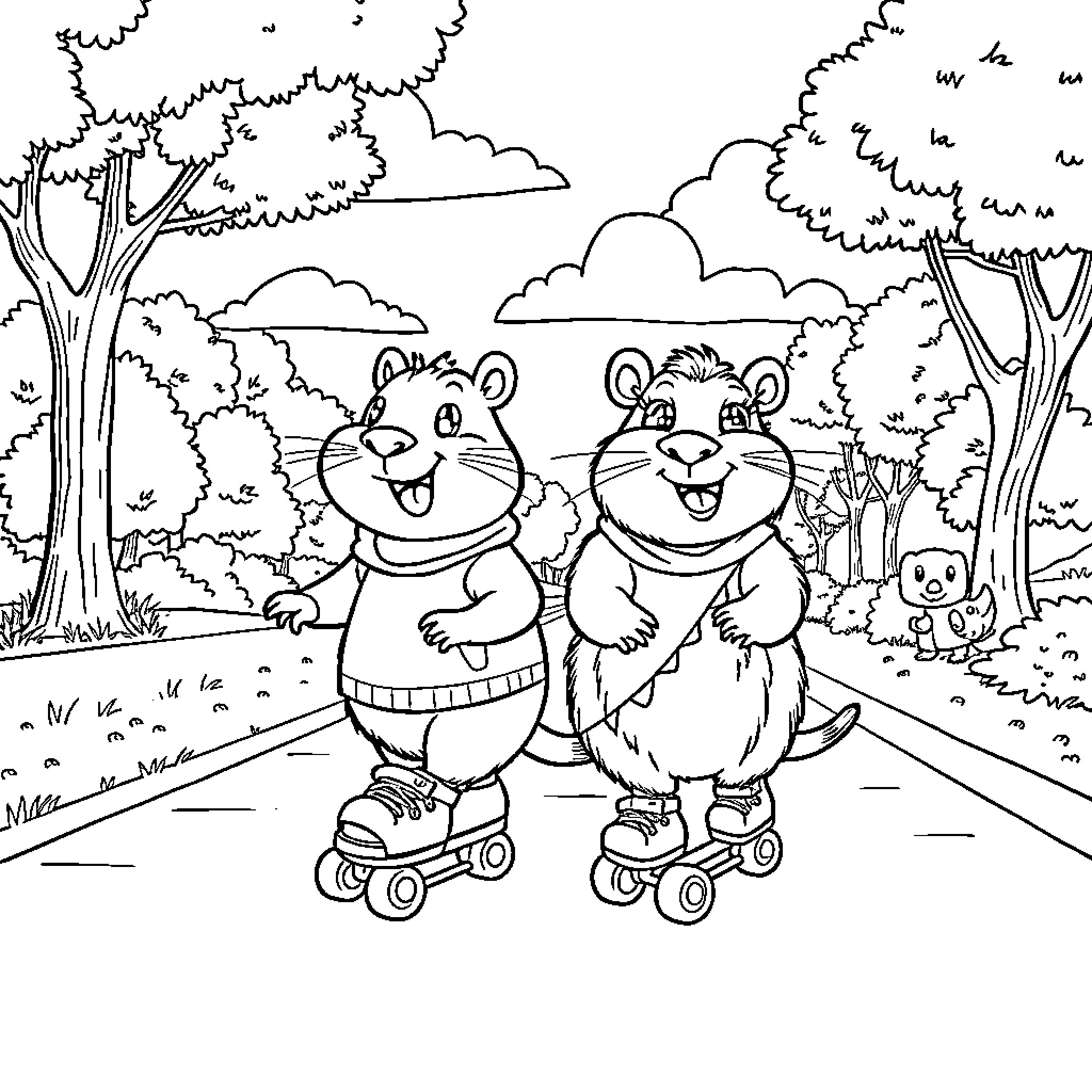Capybara friends roller skating in the park Coloring Page (free black-and-white line drawing printable PDF for all, from beginners to advanced learners, including children, teens, adults, and seniors)