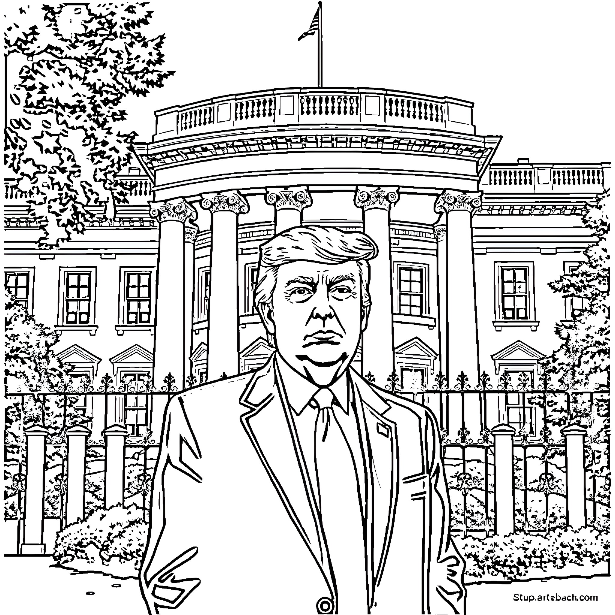 Donald Trump standing in front of the White House Coloring Page (free black-and-white line drawing printable PDF for all, from beginners to advanced learners, including children, teens, adults, and seniors)