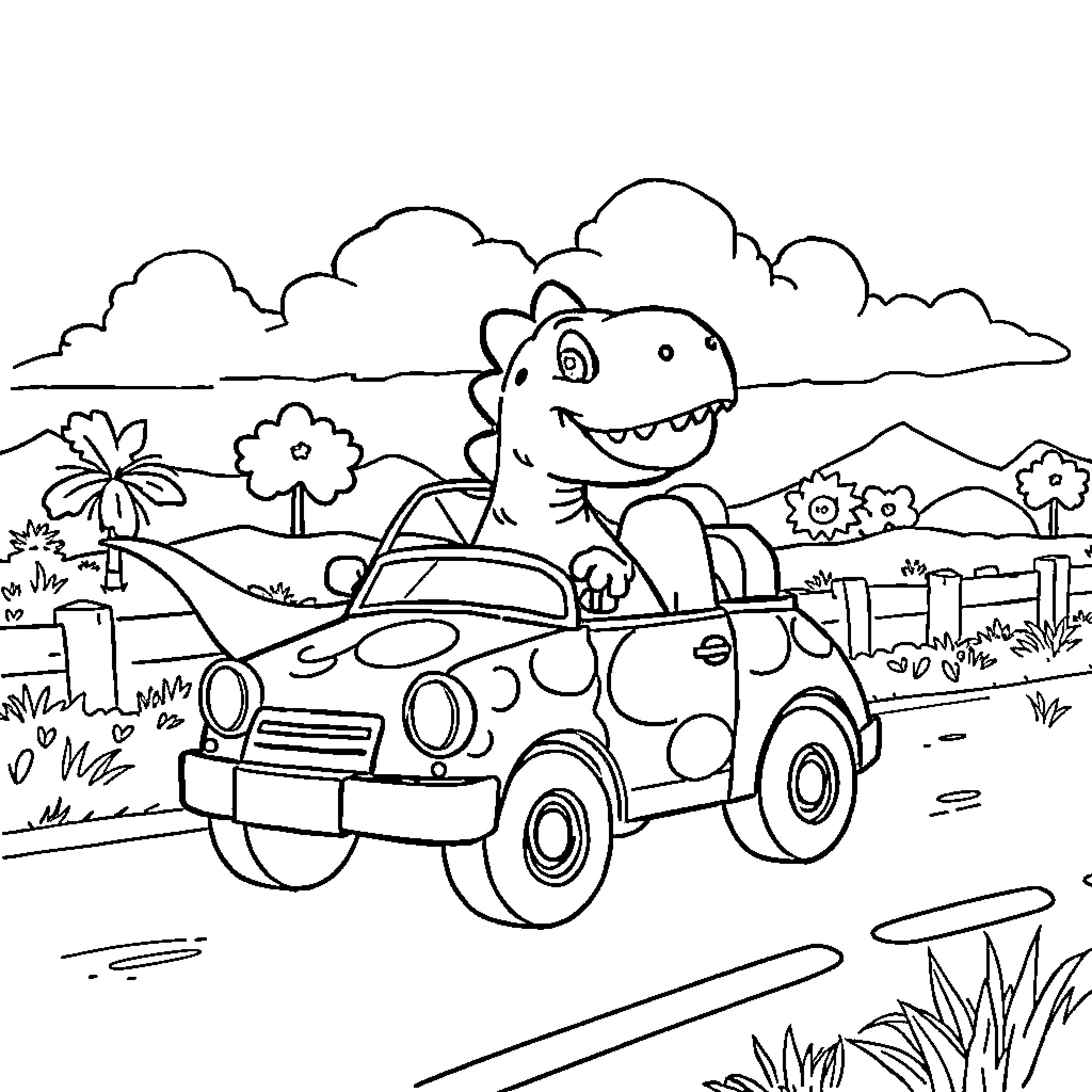 Dinosaur driving a car in a tropical landscape Coloring Page (free black-and-white line drawing printable PDF for all, from beginners to advanced learners, including children, teens, adults, and seniors)