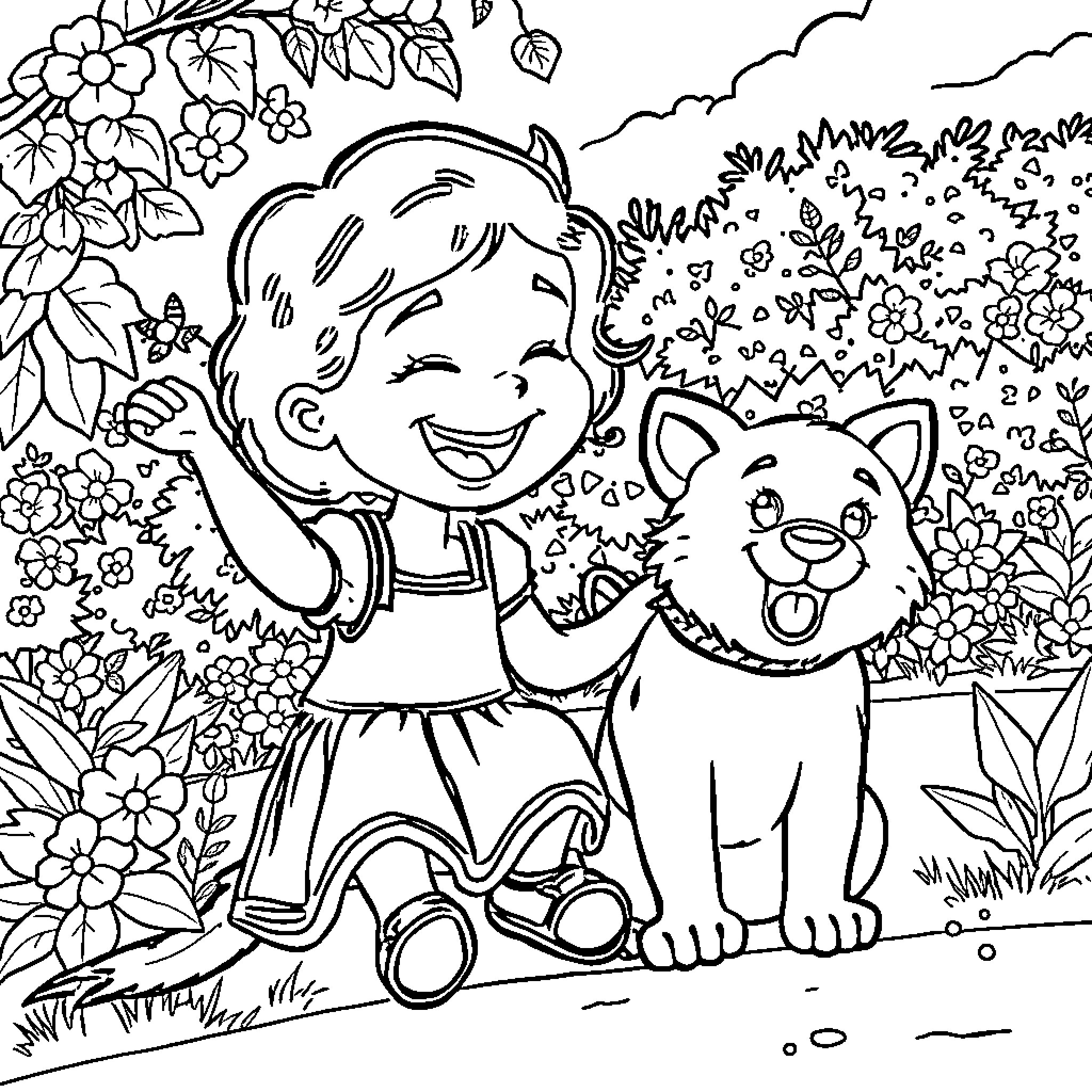 Child playing with a playful pet in a garden Coloring Page (free black-and-white line drawing printable PDF for all, from beginners to advanced learners, including children, teens, adults, and seniors)