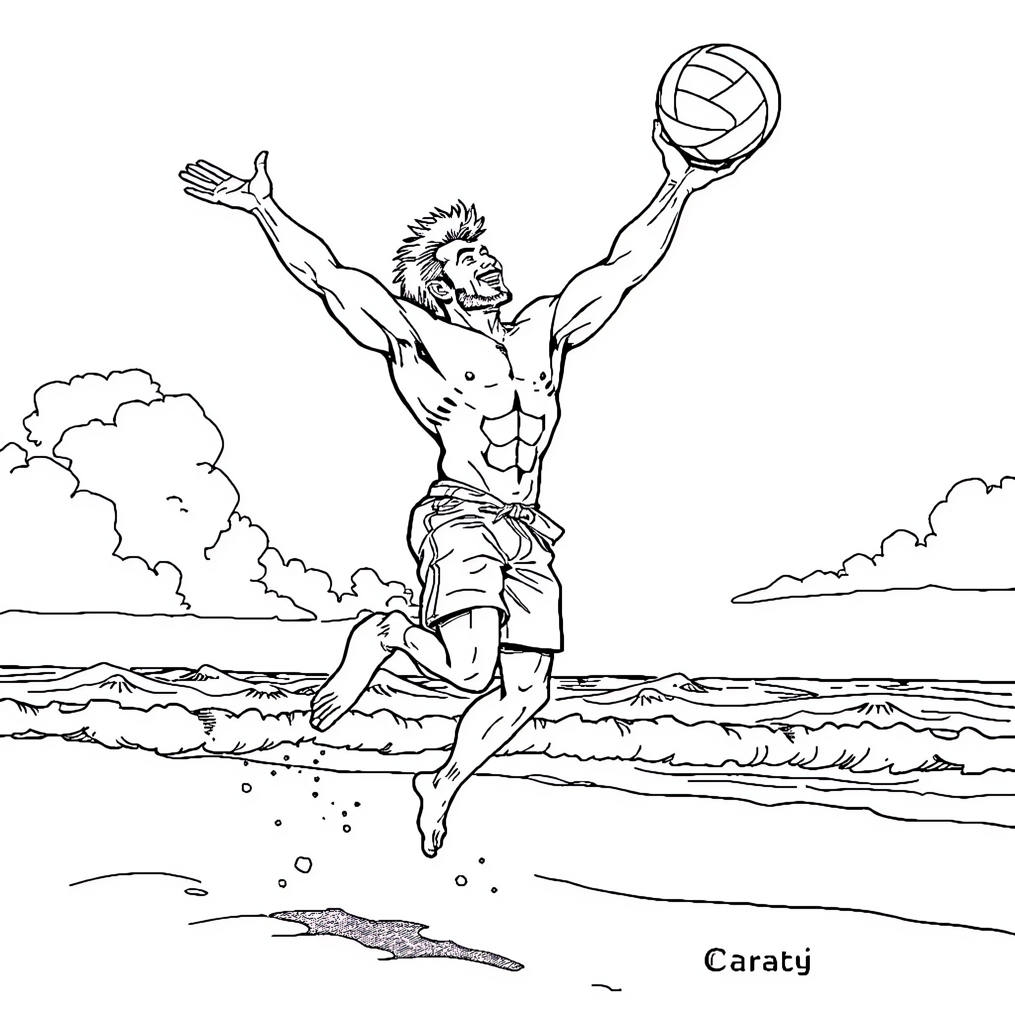 Dude spiking the volleyball on the beach Coloring Page (free black-and-white line drawing printable PDF for all, from beginners to advanced learners, including children, teens, adults, and seniors)