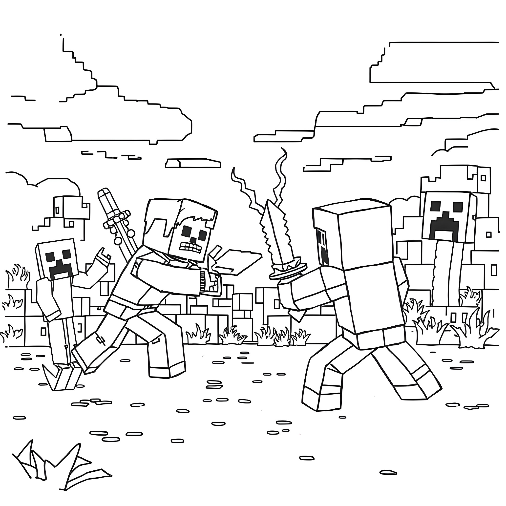 Creeper Confrontation in Pixelated Landscape Coloring Page (free black-and-white line drawing printable PDF for all, from beginners to advanced learners, including children, teens, adults, and seniors)