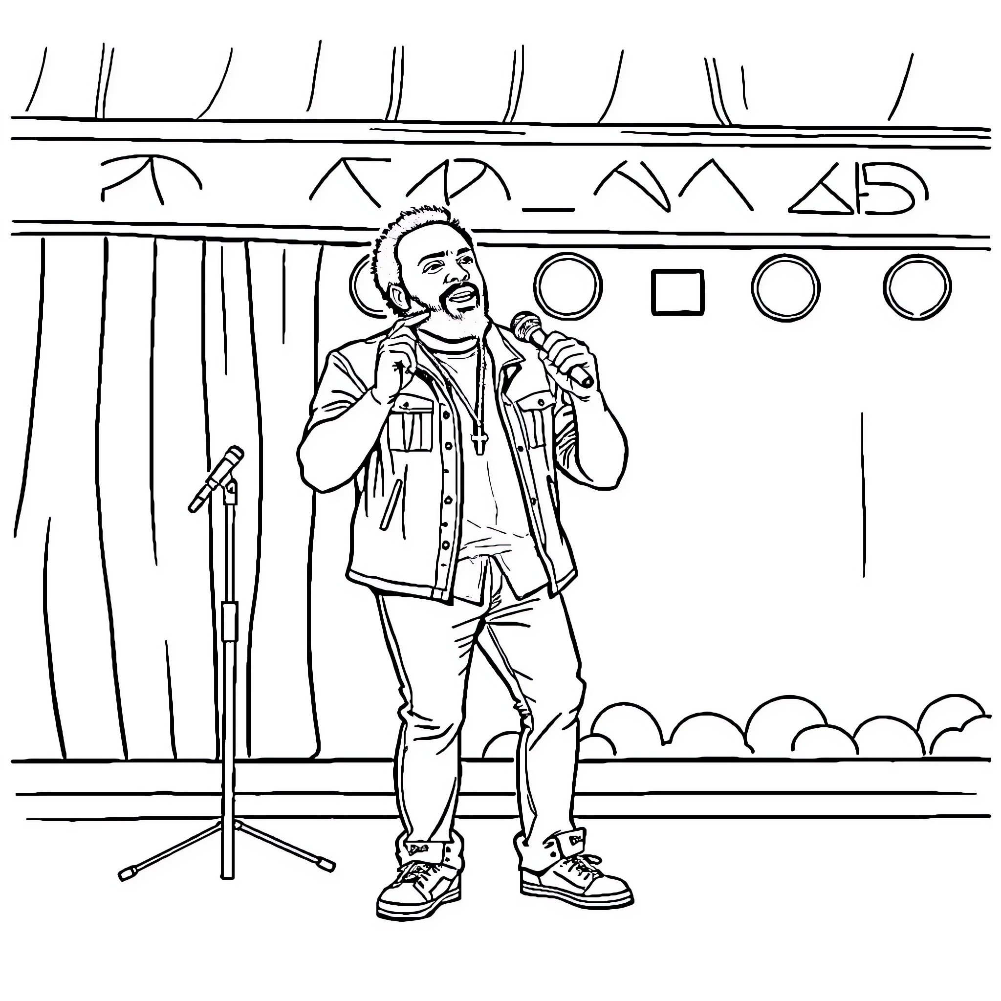 Jonathan Davis performing on stage Coloring Page (free black-and-white line drawing printable PDF for all, from beginners to advanced learners, including children, teens, adults, and seniors)