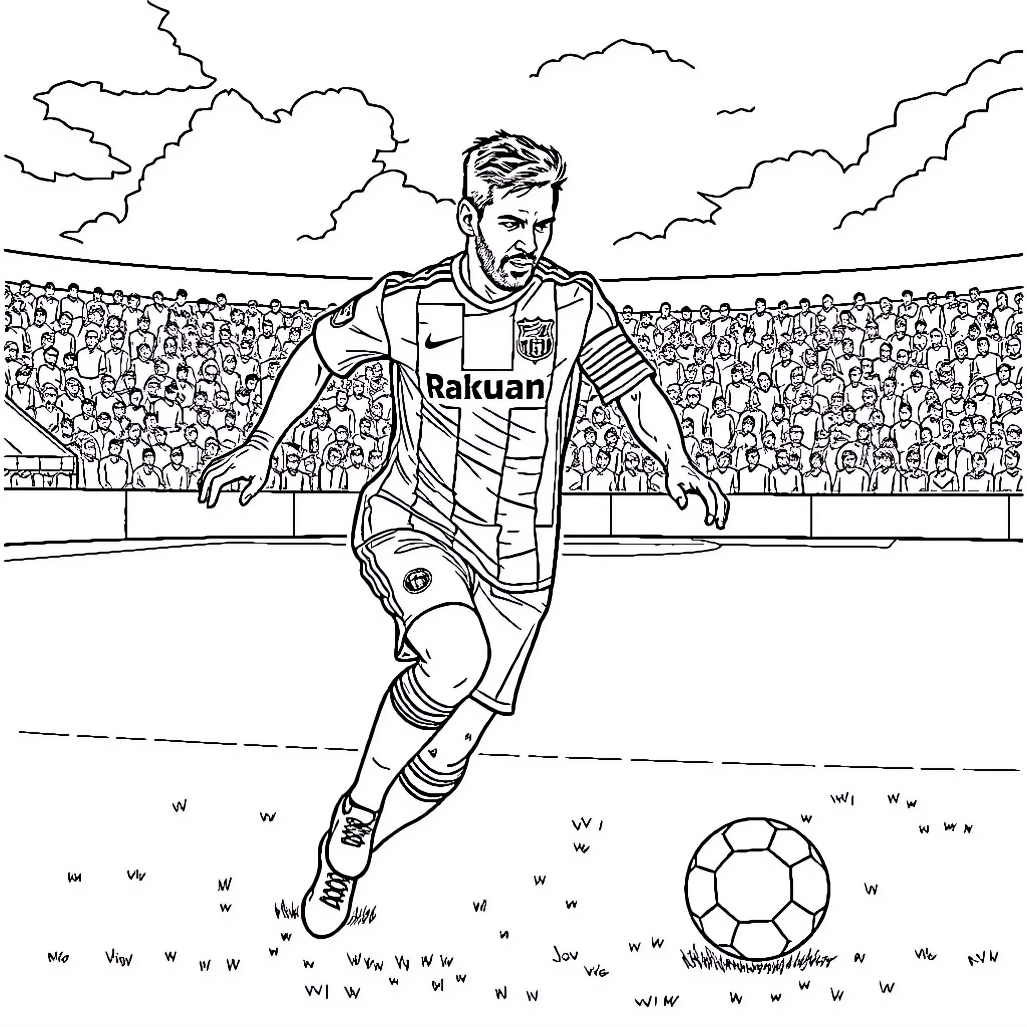 Messi playing soccer on the field Coloring Page (free black-and-white line drawing printable PDF for all, from beginners to advanced learners, including children, teens, adults, and seniors)