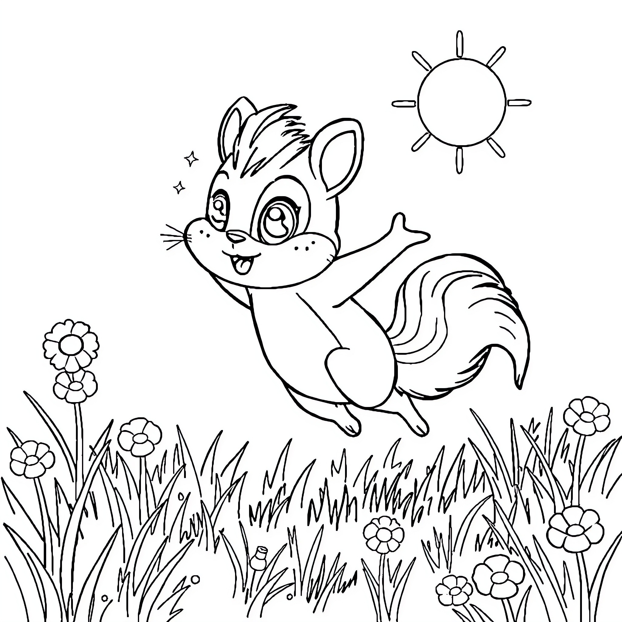 Sprunki playing happily in the meadow Coloring Page (free black-and-white line drawing printable PDF for all, from beginners to advanced learners, including children, teens, adults, and seniors)