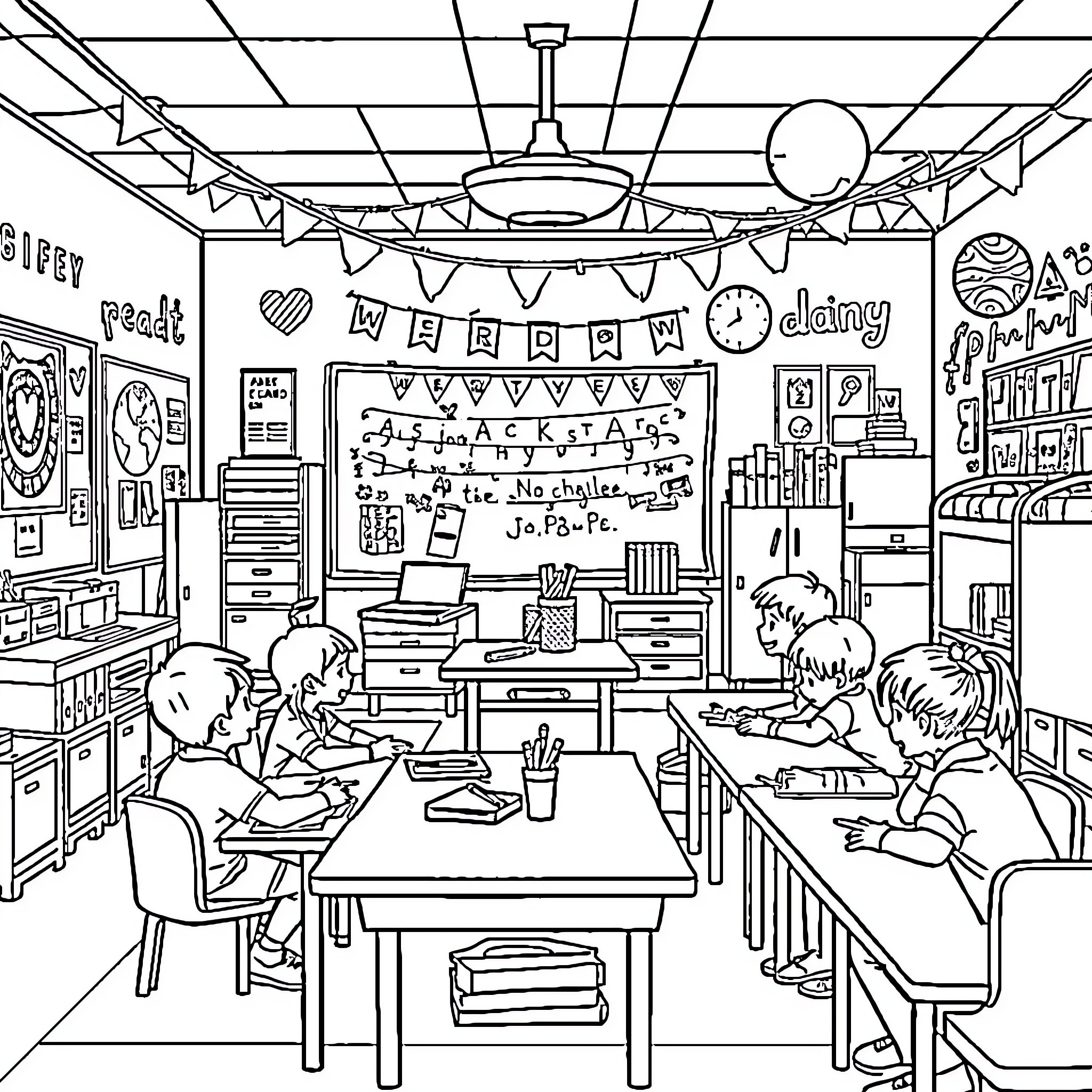 Classroom filled with students studying and learning Coloring Page (free black-and-white line drawing printable PDF for all, from beginners to advanced learners, including children, teens, adults, and seniors)