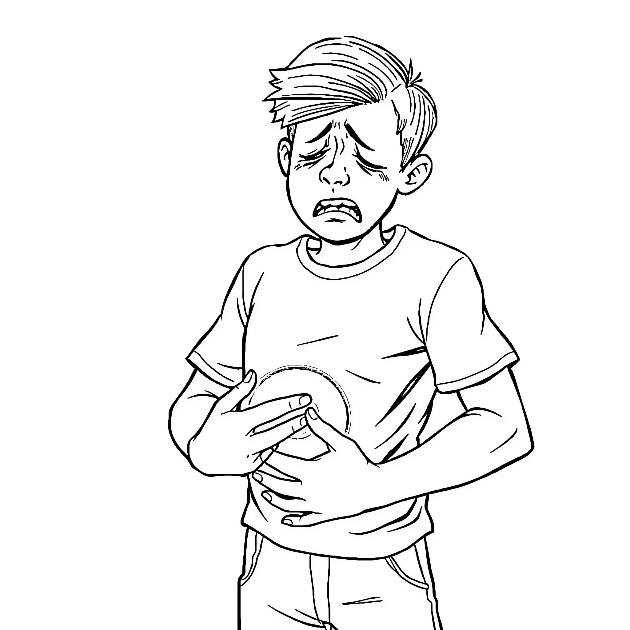 Boy feeling unwell with stomach ache Coloring Page (free black-and-white line drawing printable PDF for all, from beginners to advanced learners, including children, teens, adults, and seniors)