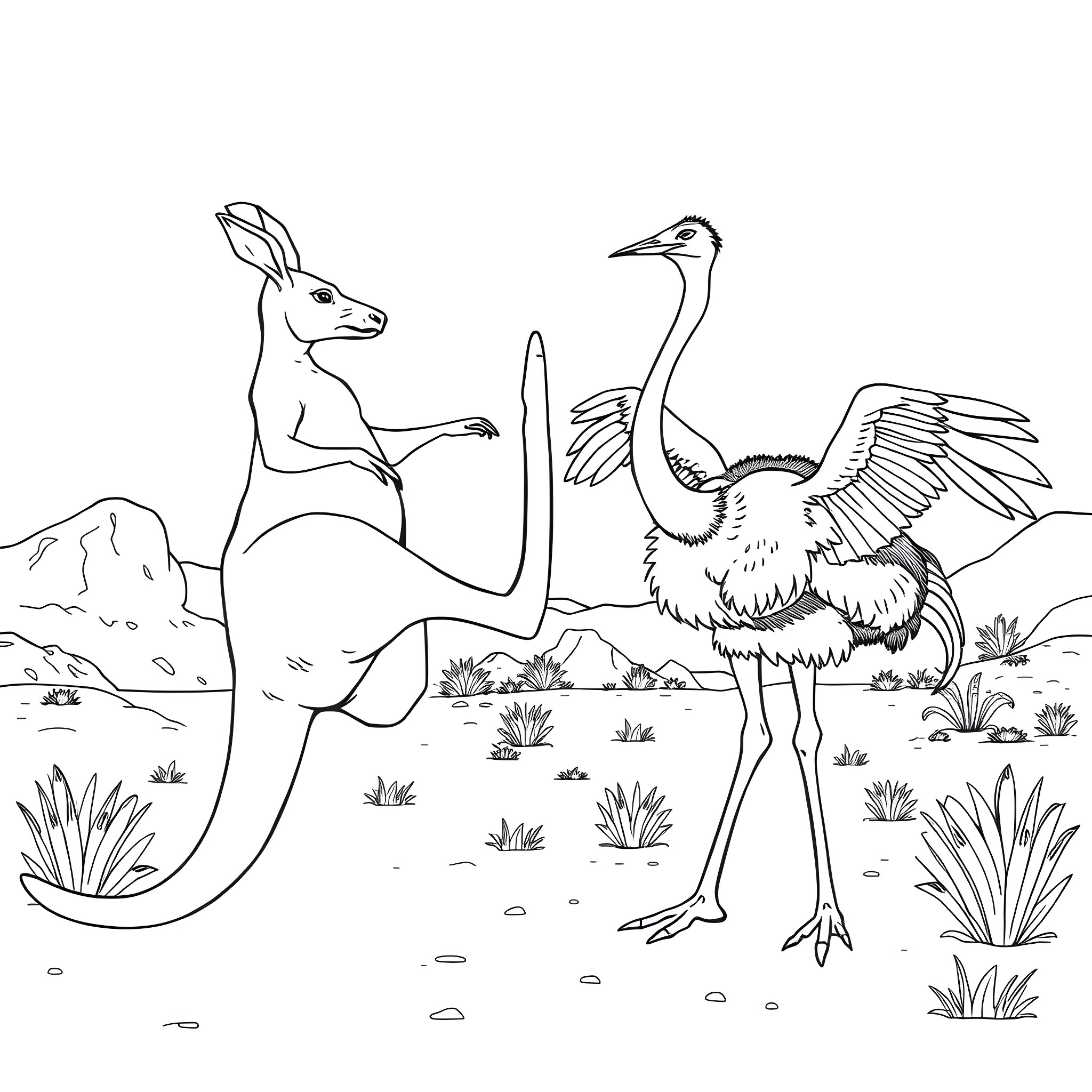 Kangaroo and ostrich in the wilderness Coloring Page (free black-and-white line drawing printable PDF for all, from beginners to advanced learners, including children, teens, adults, and seniors)
