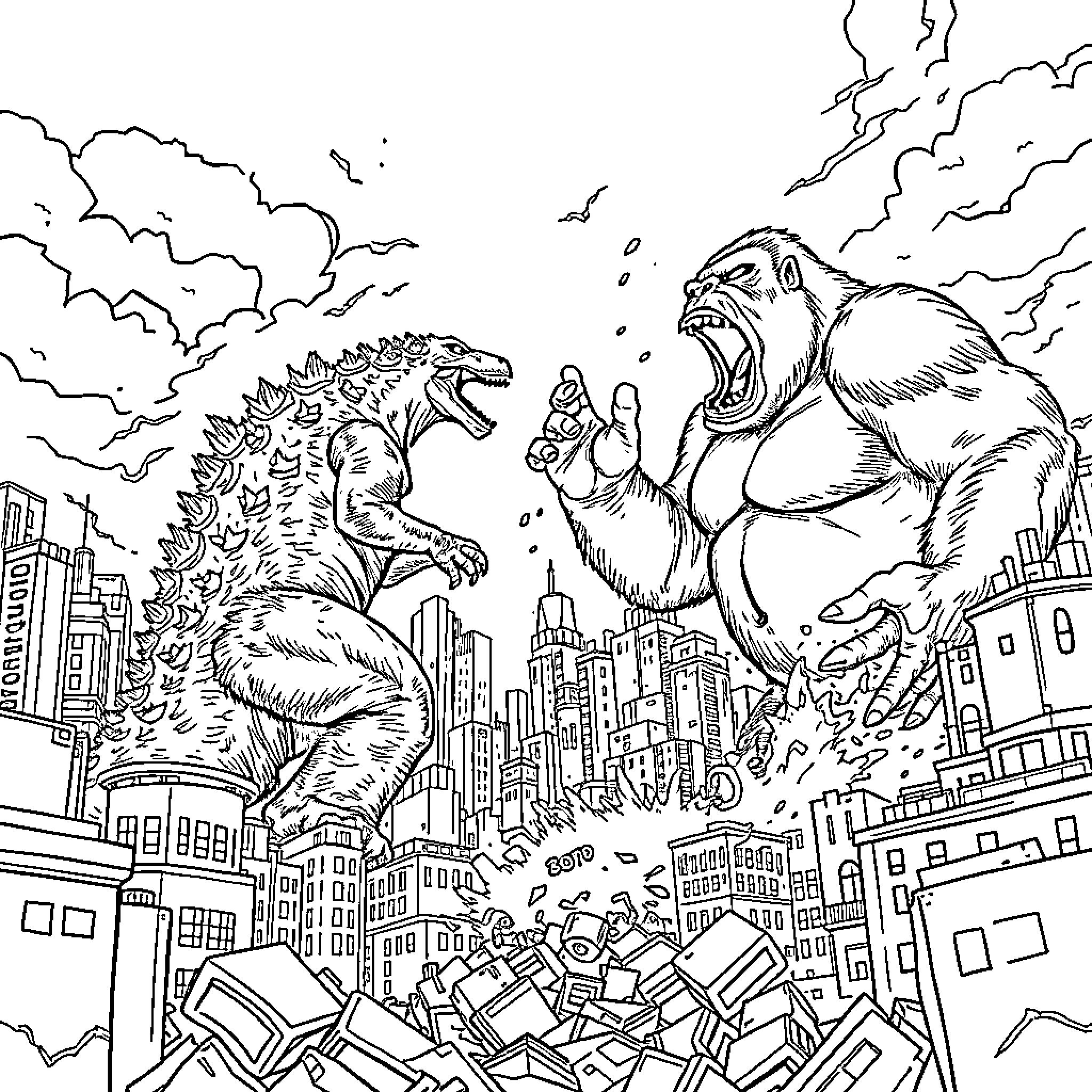 Godzilla and King Kong battling in a city Coloring Page (free black-and-white line drawing printable PDF for all, from beginners to advanced learners, including children, teens, adults, and seniors)