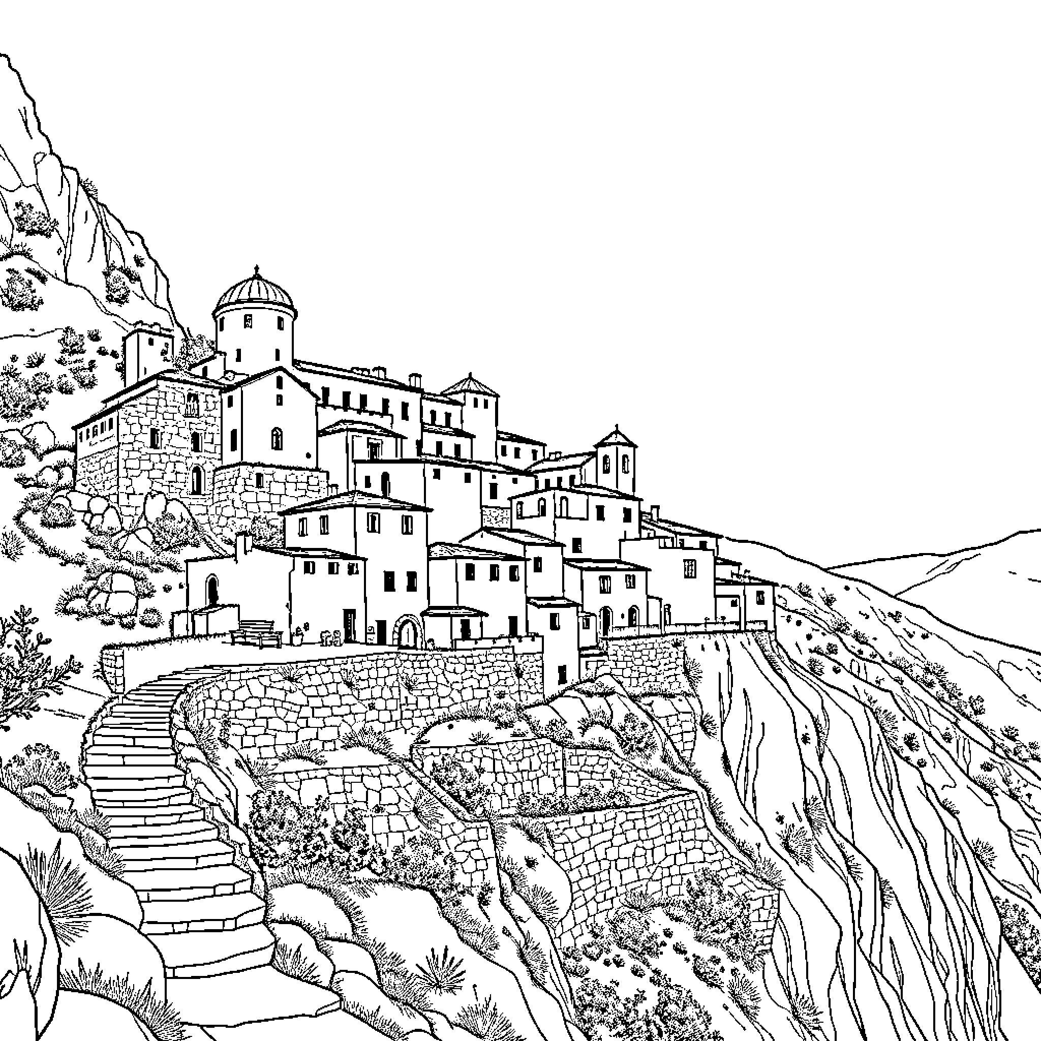 House on a Hilltop Overlooking a Scenic Landscape Coloring Page (free black-and-white line drawing printable PDF for all, from beginners to advanced learners, including children, teens, adults, and seniors)