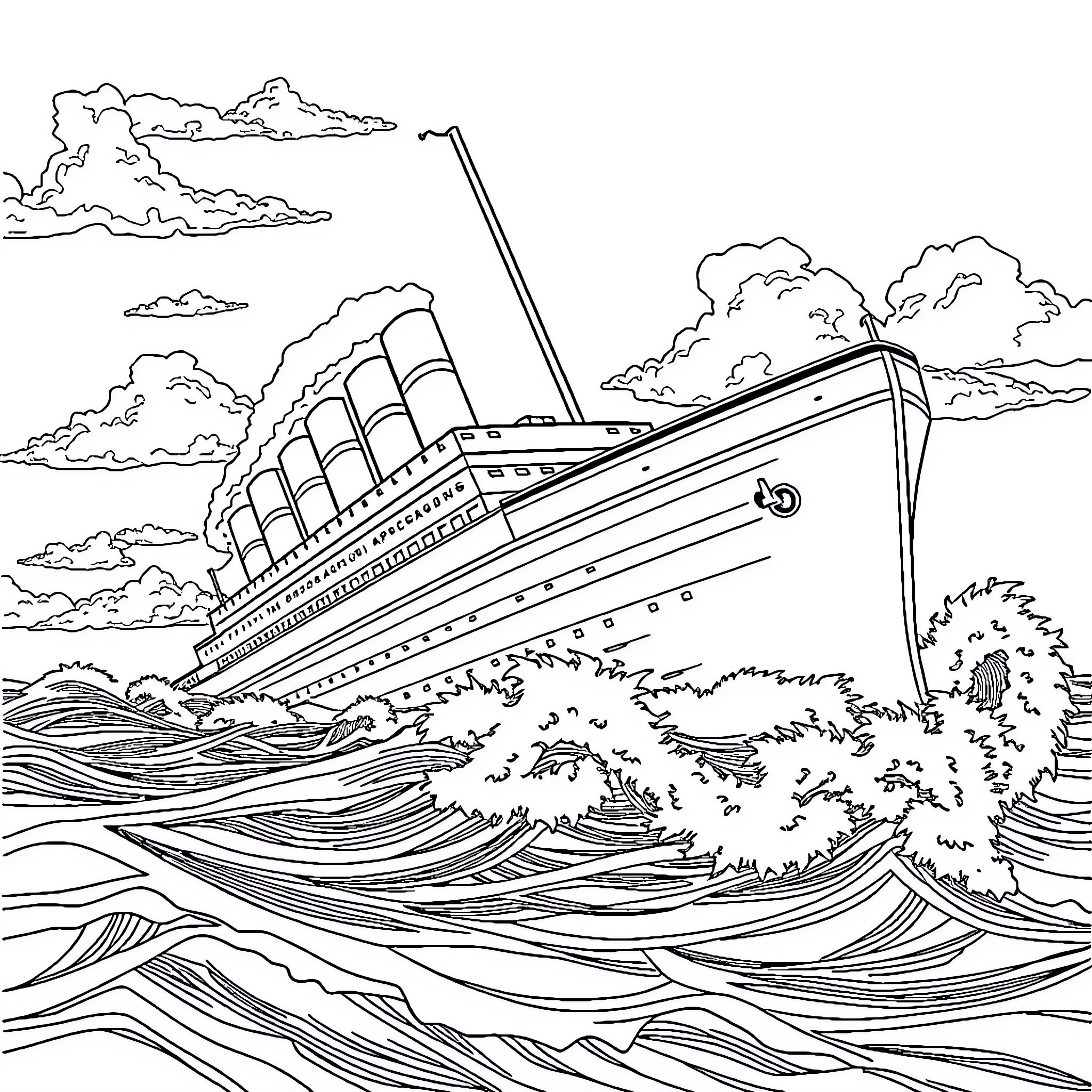 Titanic ship sinking amidst ocean waves and clouds Coloring Page (free black-and-white line drawing printable PDF for all, from beginners to advanced learners, including children, teens, adults, and seniors)