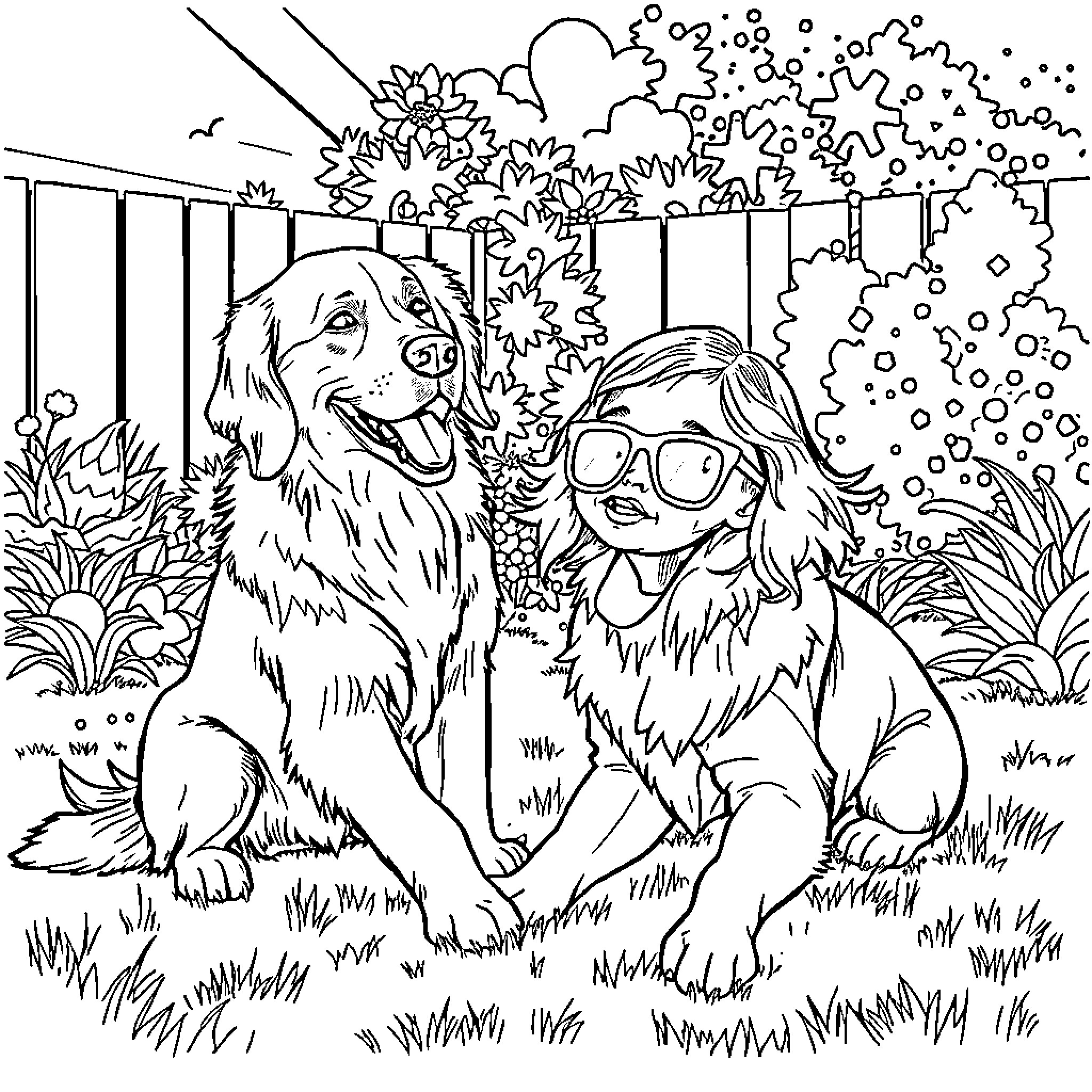 Golden Retriever and Girl Enjoying Nature Coloring Page (free black-and-white line drawing printable PDF for all, from beginners to advanced learners, including children, teens, adults, and seniors)