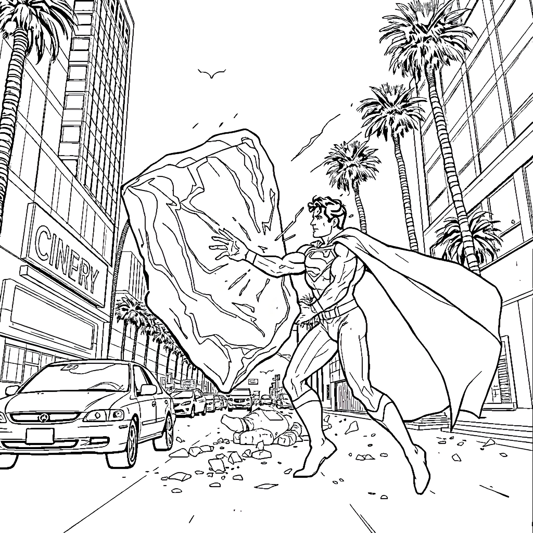 Superman heroically saving the city from disaster Coloring Page (free black-and-white line drawing printable PDF for all, from beginners to advanced learners, including children, teens, adults, and seniors)