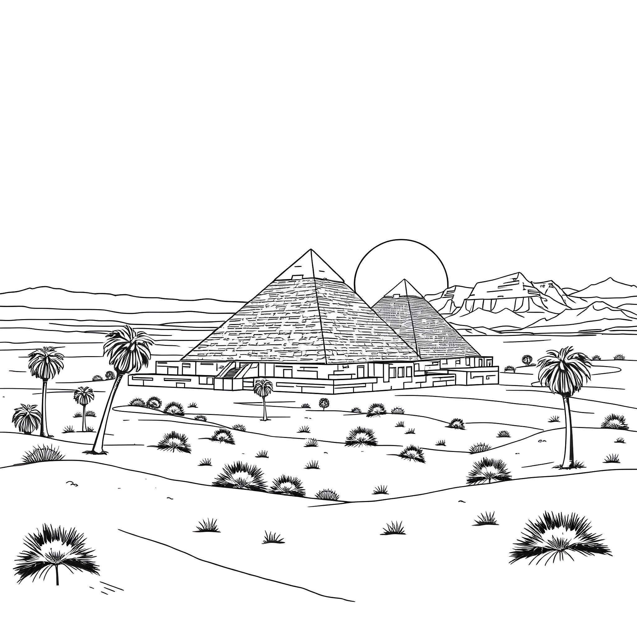 Pyramid in the desert landscape Coloring Page (free black-and-white line drawing printable PDF for all, from beginners to advanced learners, including children, teens, adults, and seniors)