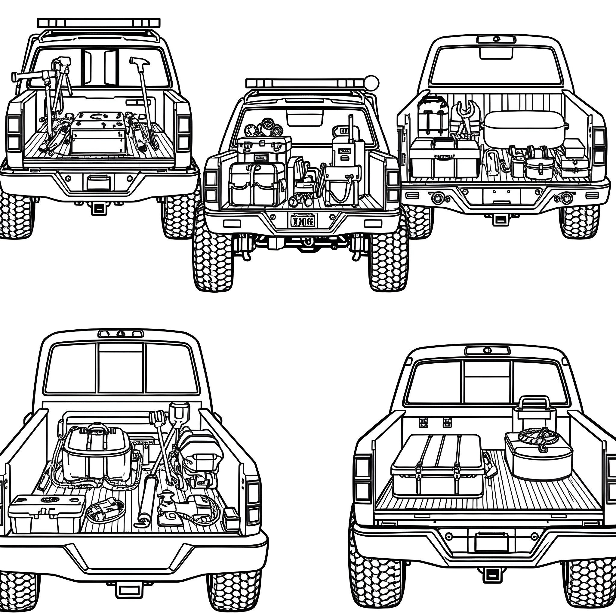 Pickup Bed Packed with Various Camping Gear Coloring Page (free black-and-white line drawing printable PDF for all, from beginners to advanced learners, including children, teens, adults, and seniors)