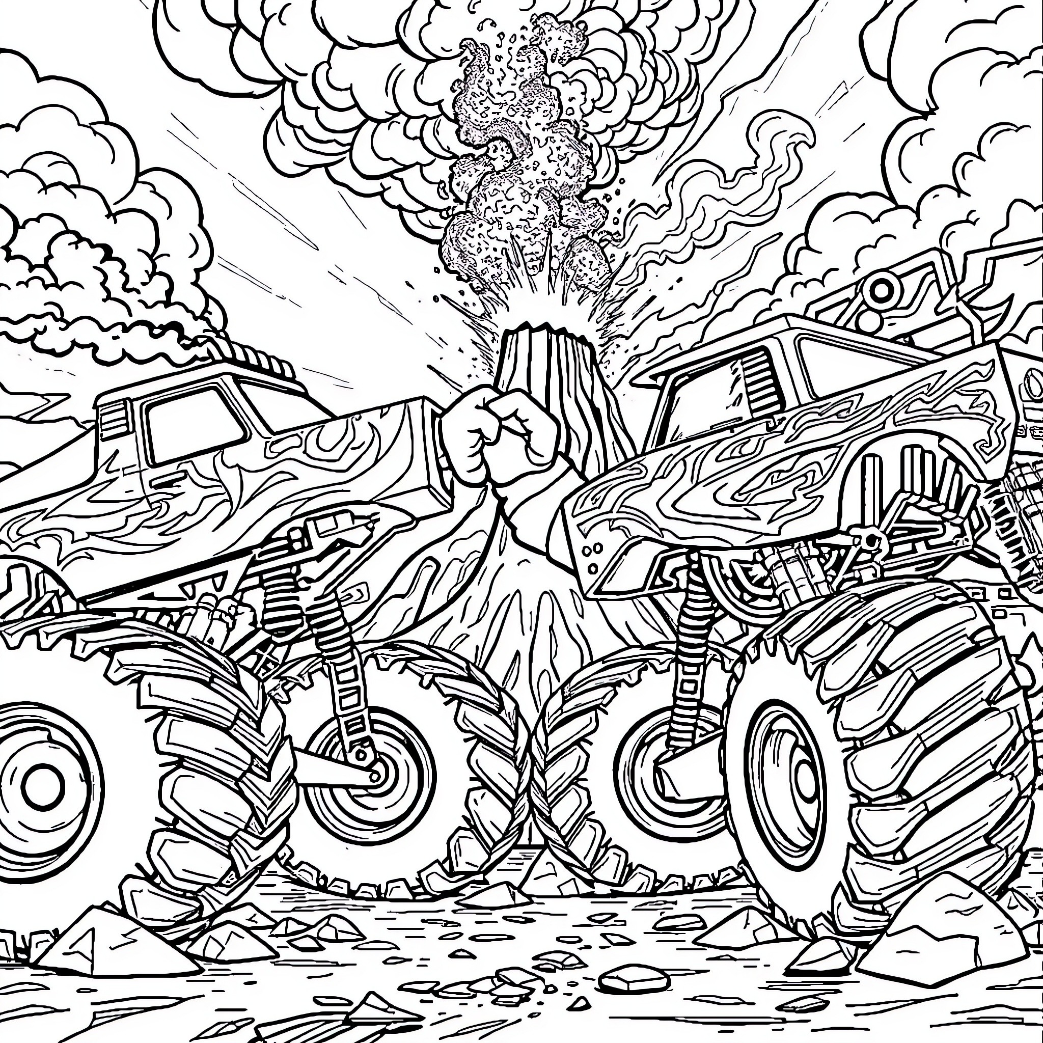 Monster Truck Mayhem on the Open Road Coloring Page (free black-and-white line drawing printable PDF for all, from beginners to advanced learners, including children, teens, adults, and seniors)