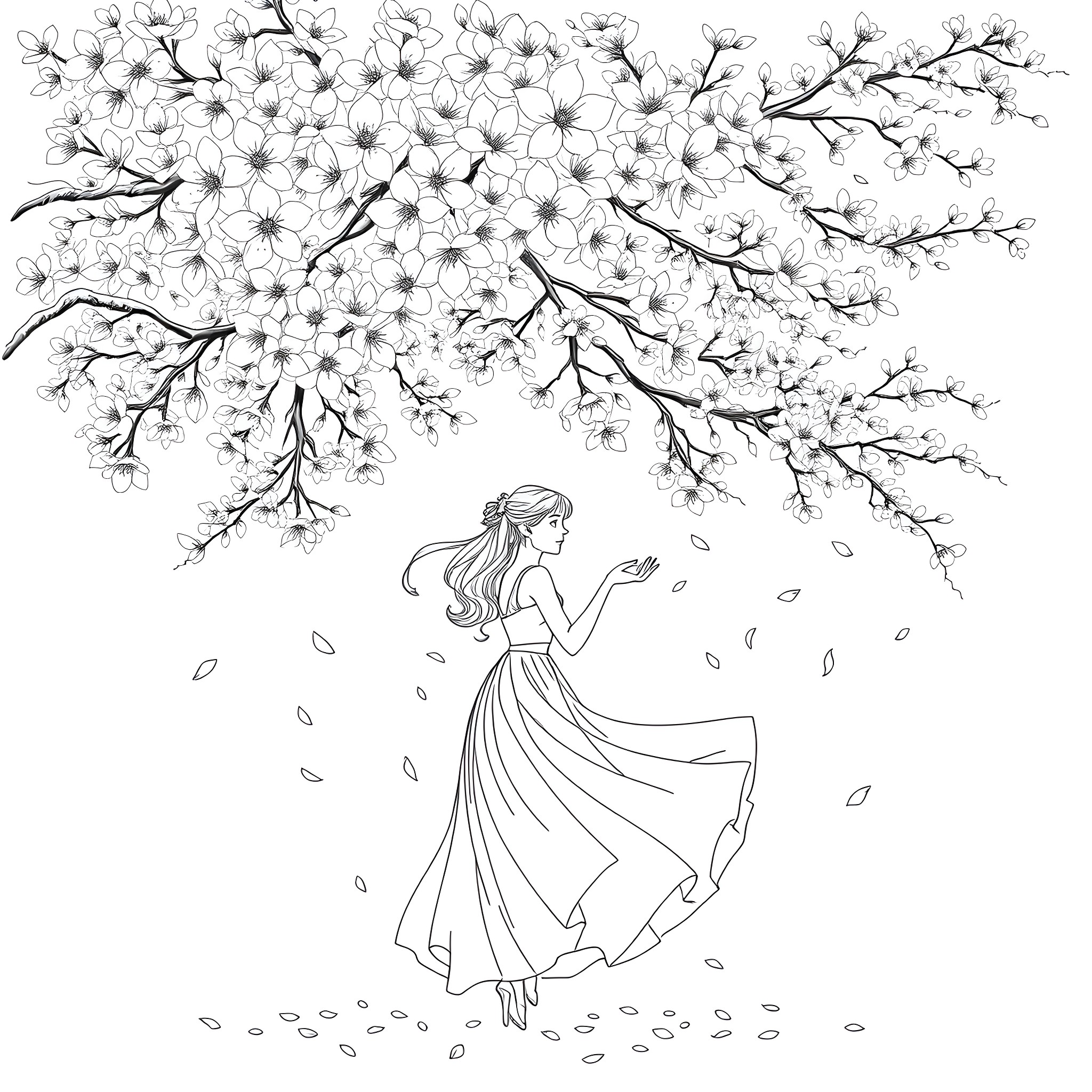 Vivien Beneath Blooming Branches Coloring Page (free black-and-white line drawing printable PDF for all, from beginners to advanced learners, including children, teens, adults, and seniors)