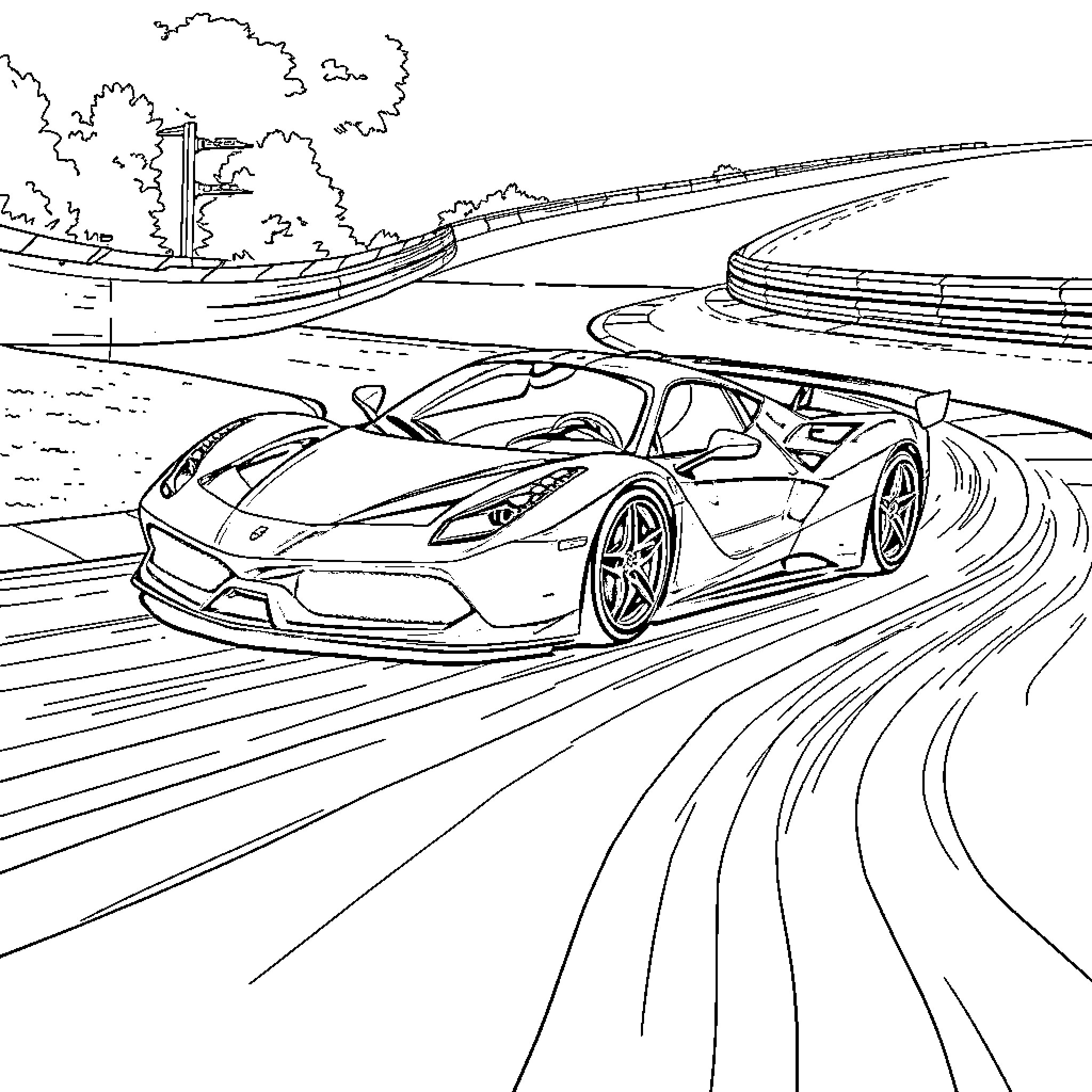 Ferrari racing on a winding road through scenic landscape Coloring Page (free black-and-white line drawing printable PDF for all, from beginners to advanced learners, including children, teens, adults, and seniors)