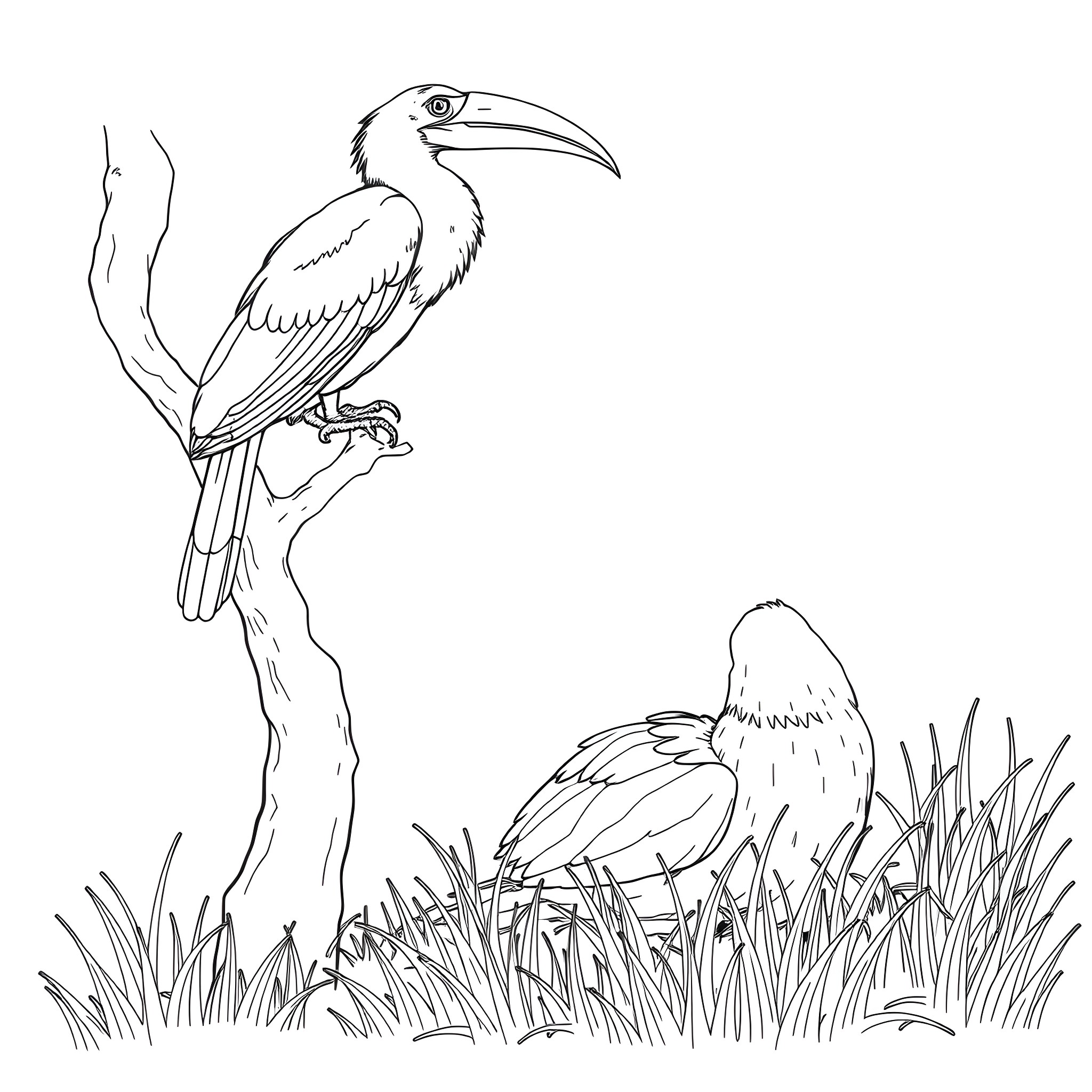 Cyanocorax Yncas perched on a branch in a grassy field Coloring Page (free black-and-white line drawing printable PDF for all, from beginners to advanced learners, including children, teens, adults, and seniors)