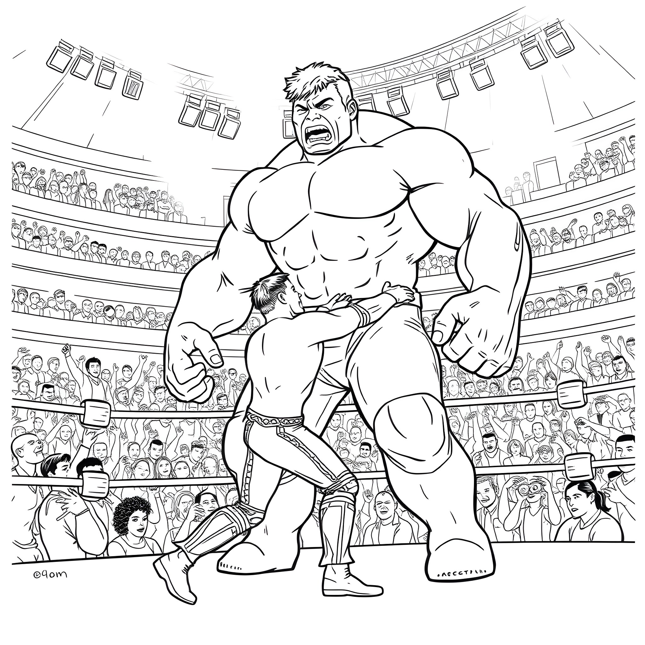 Cody Rhodes flexing muscles in a wrestling match Coloring Page (free black-and-white line drawing printable PDF for all, from beginners to advanced learners, including children, teens, adults, and seniors)