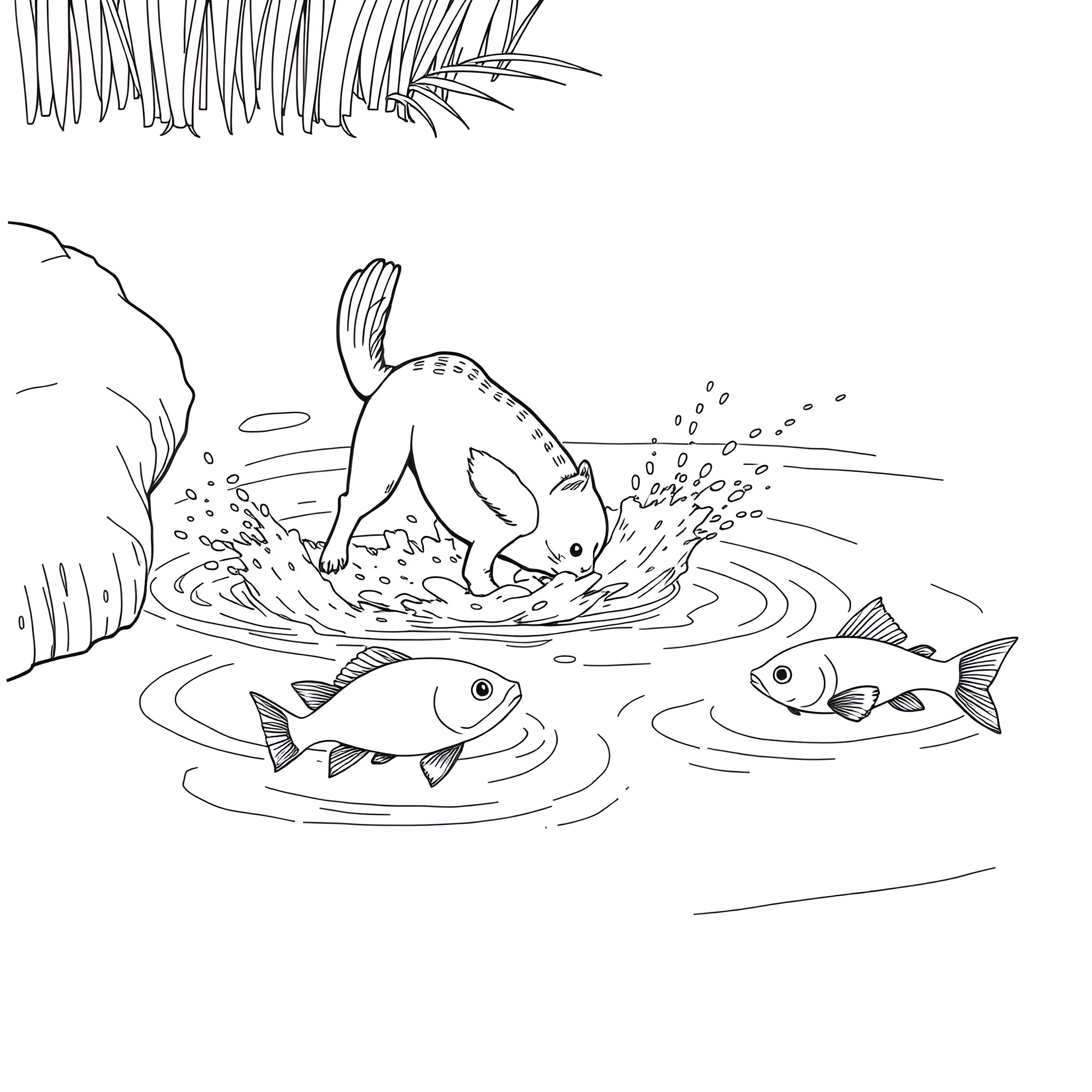 Heeler playing in the water with fish Coloring Page (free black-and-white line drawing printable PDF for all, from beginners to advanced learners, including children, teens, adults, and seniors)