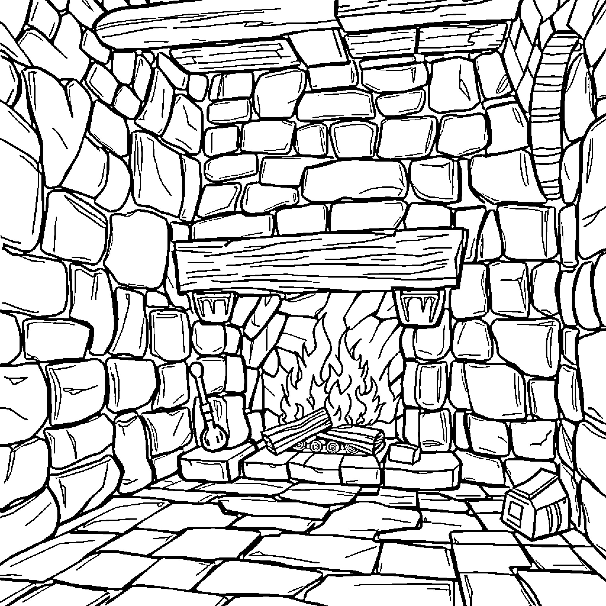 Castle fireplace with flames and stone walls Coloring Page (free black-and-white line drawing printable PDF for all, from beginners to advanced learners, including children, teens, adults, and seniors)