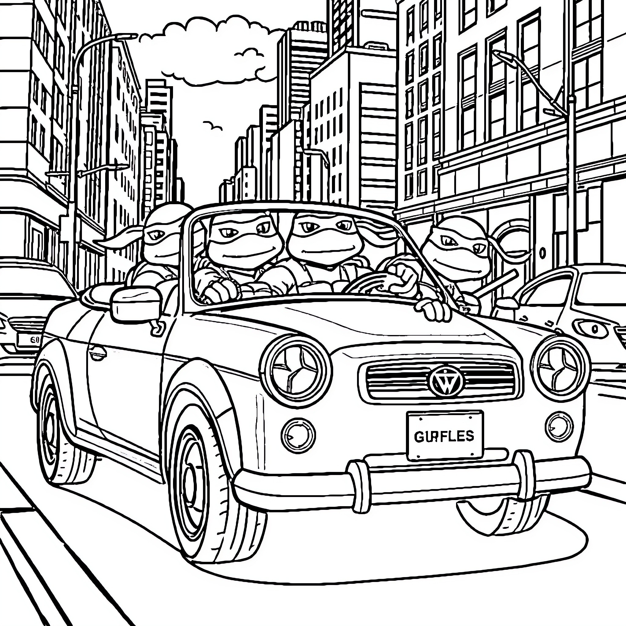 Ninja Turtle crew cruising through the city Coloring Page (free black-and-white line drawing printable PDF for all, from beginners to advanced learners, including children, teens, adults, and seniors)