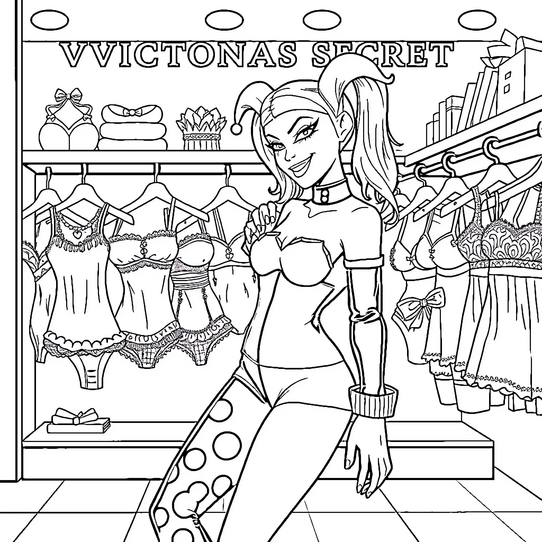 Harley Quinn at her secret boutique Coloring Page (free black-and-white line drawing printable PDF for all, from beginners to advanced learners, including children, teens, adults, and seniors)