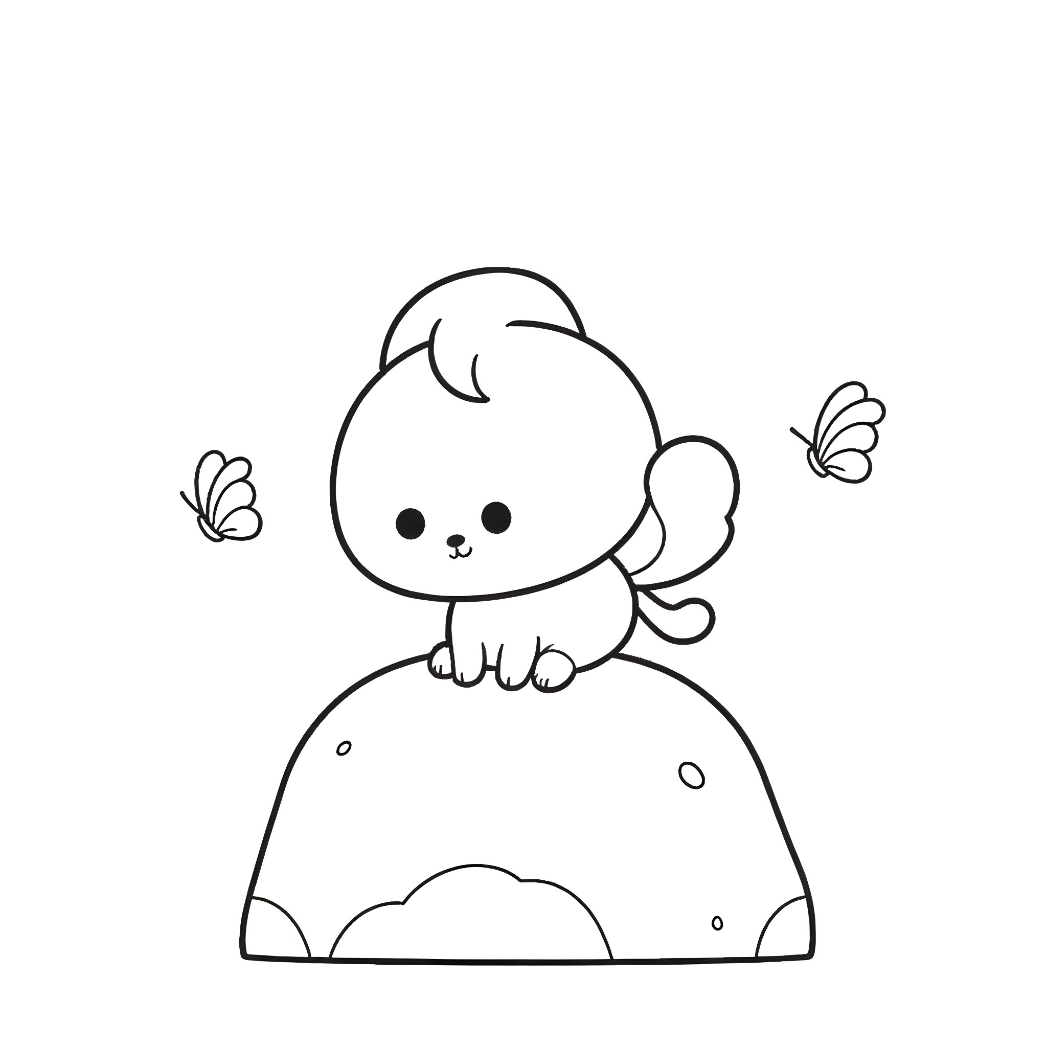 Grogu playing with butterflies on the ground Coloring Page (free black-and-white line drawing printable PDF for all, from beginners to advanced learners, including children, teens, adults, and seniors)