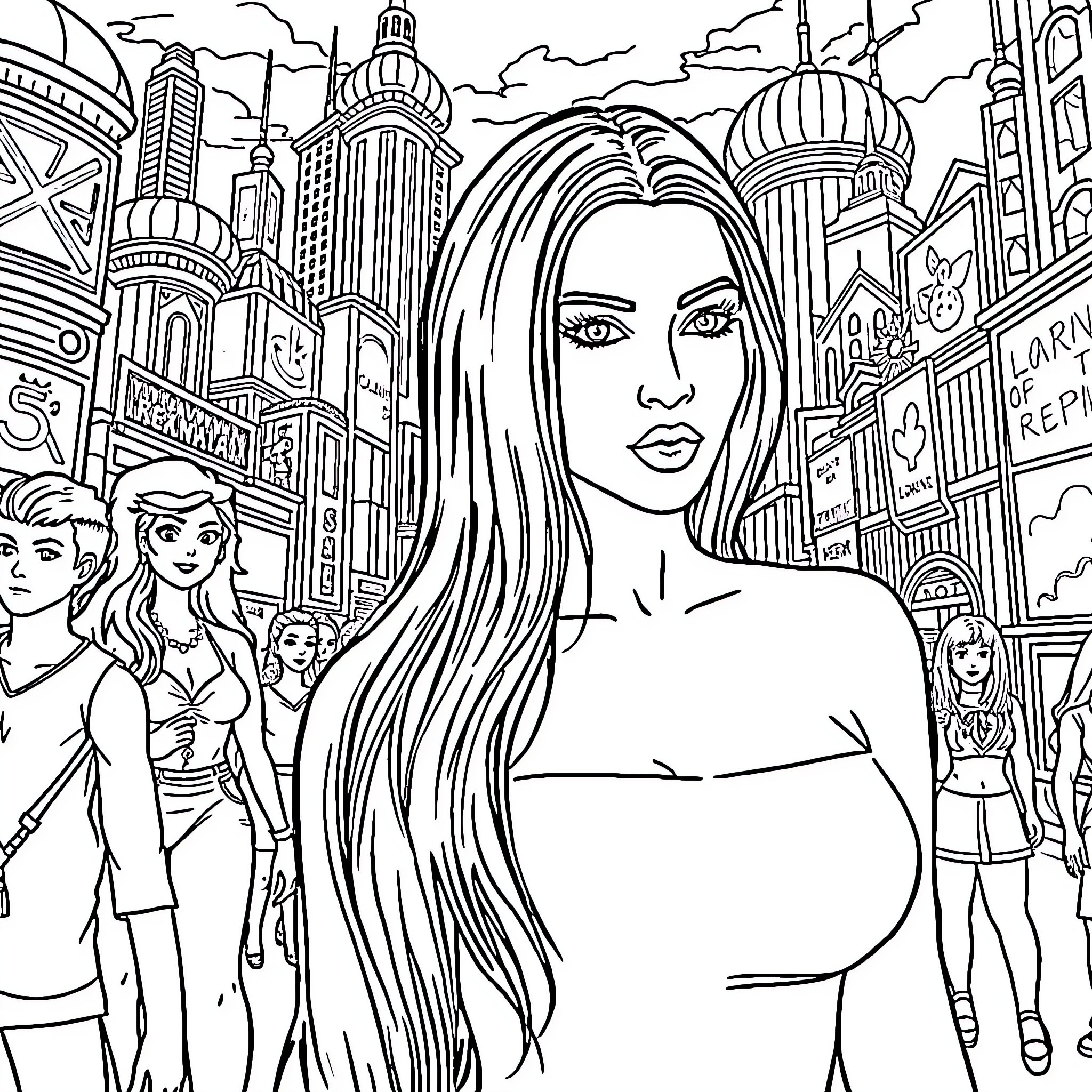 Kim Kardashian's Glamorous City Portrait Coloring Page (free black-and-white line drawing printable PDF for all, from beginners to advanced learners, including children, teens, adults, and seniors)