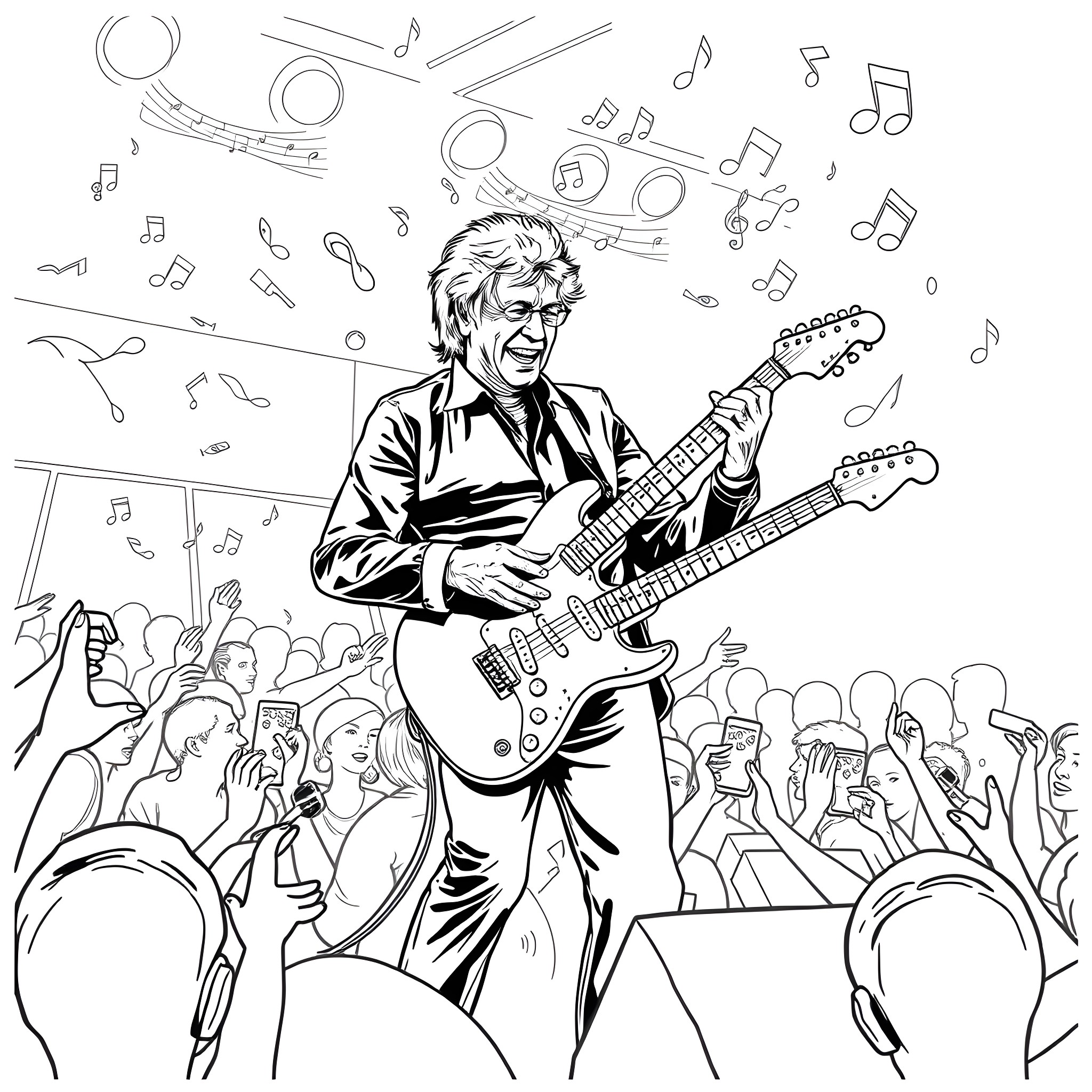 Eric Clapton performing live on stage with electric guitar Coloring Page (free black-and-white line drawing printable PDF for all, from beginners to advanced learners, including children, teens, adults, and seniors)
