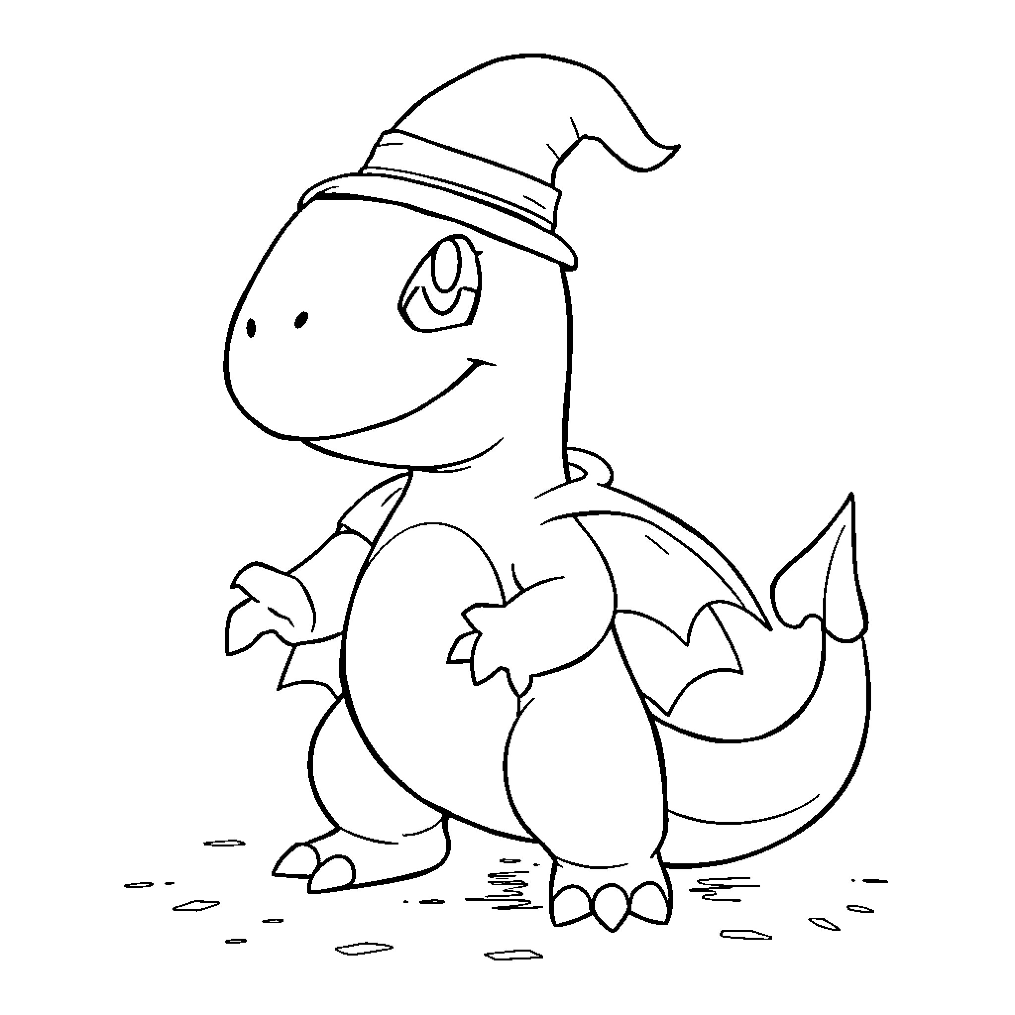 Charmander exploring in hat and outfit Coloring Page (free black-and-white line drawing printable PDF for all, from beginners to advanced learners, including children, teens, adults, and seniors)