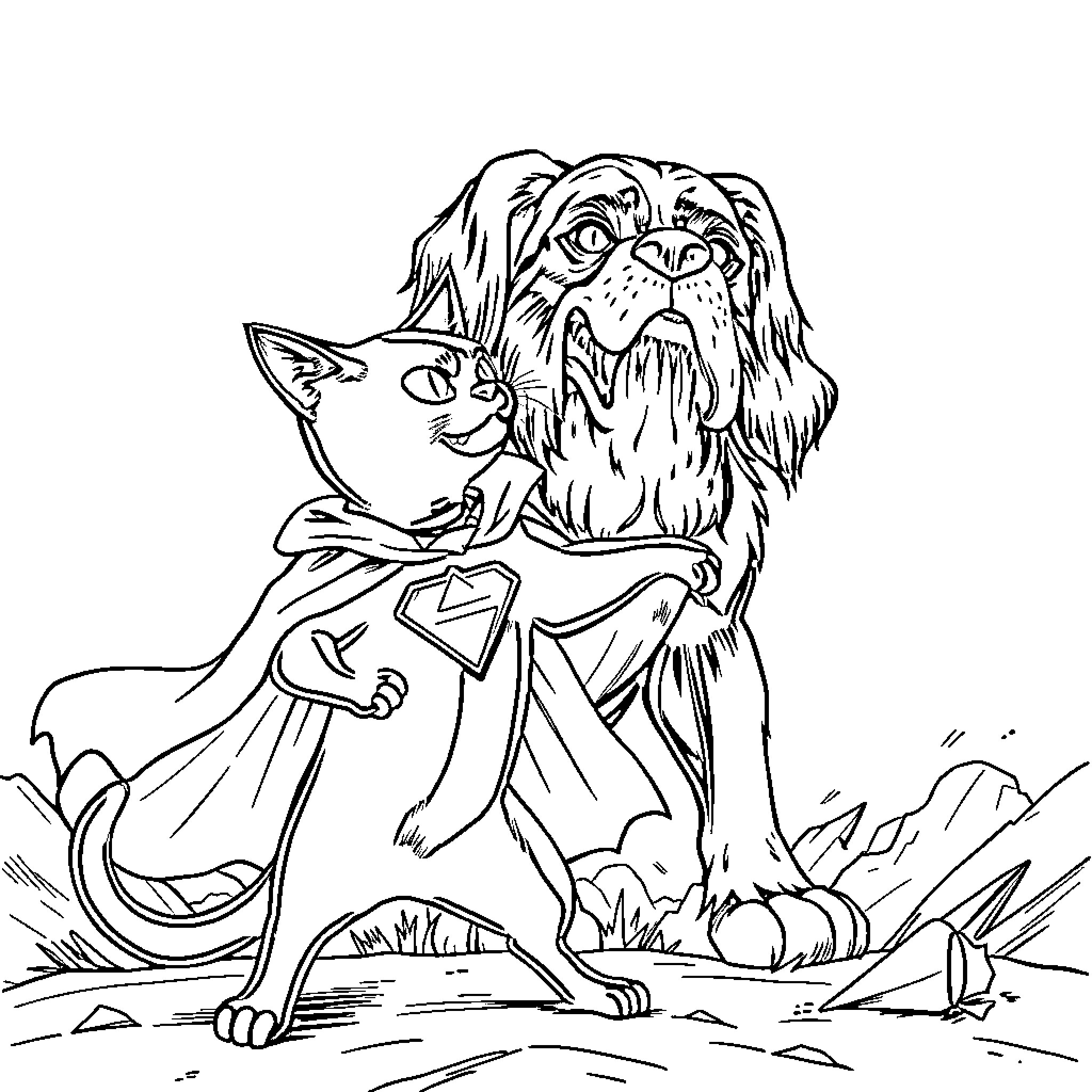 Cat and Fantastical Creature in Outdoor Scene Coloring Page (free black-and-white line drawing printable PDF for all, from beginners to advanced learners, including children, teens, adults, and seniors)