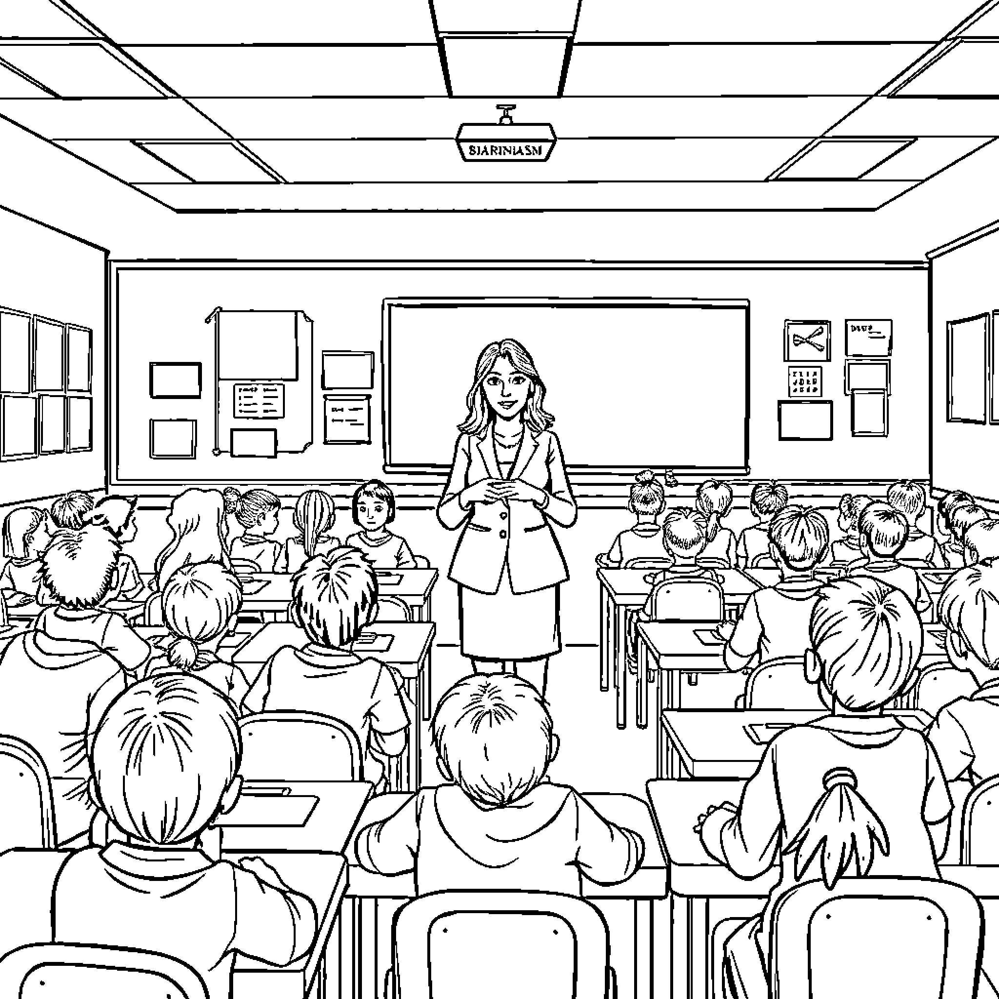Teacher standing in front of classroom Coloring Page (free black-and-white line drawing printable PDF for all, from beginners to advanced learners, including children, teens, adults, and seniors)
