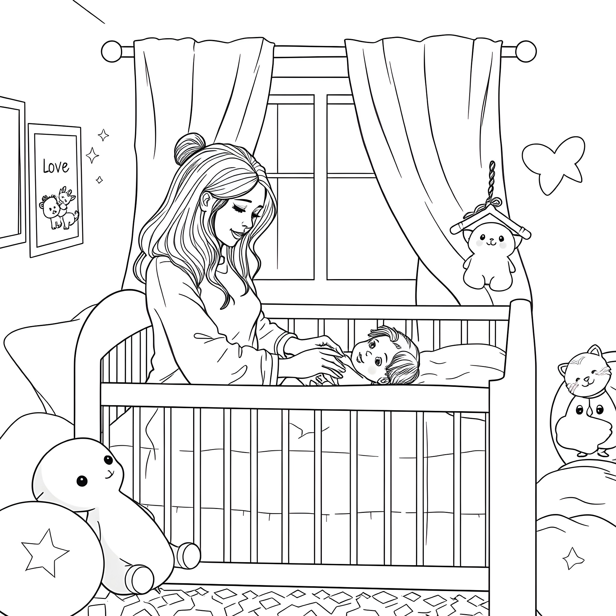 Woman caring for her baby in a cozy nursery Coloring Page (free black-and-white line drawing printable PDF for all, from beginners to advanced learners, including children, teens, adults, and seniors)