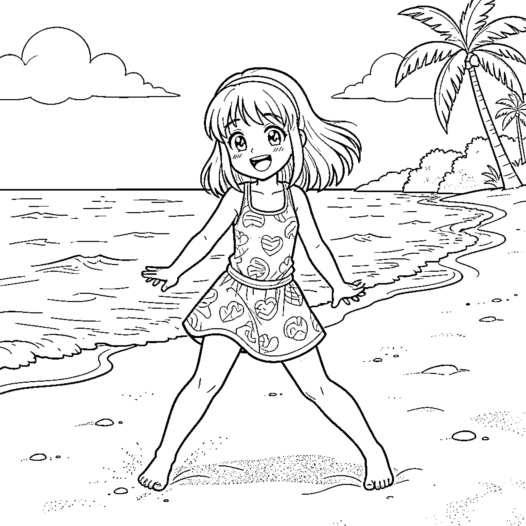 Anime Girl Enjoying Sunny Beach Day Coloring Page (free black-and-white line drawing printable PDF for all, from beginners to advanced learners, including children, teens, adults, and seniors)