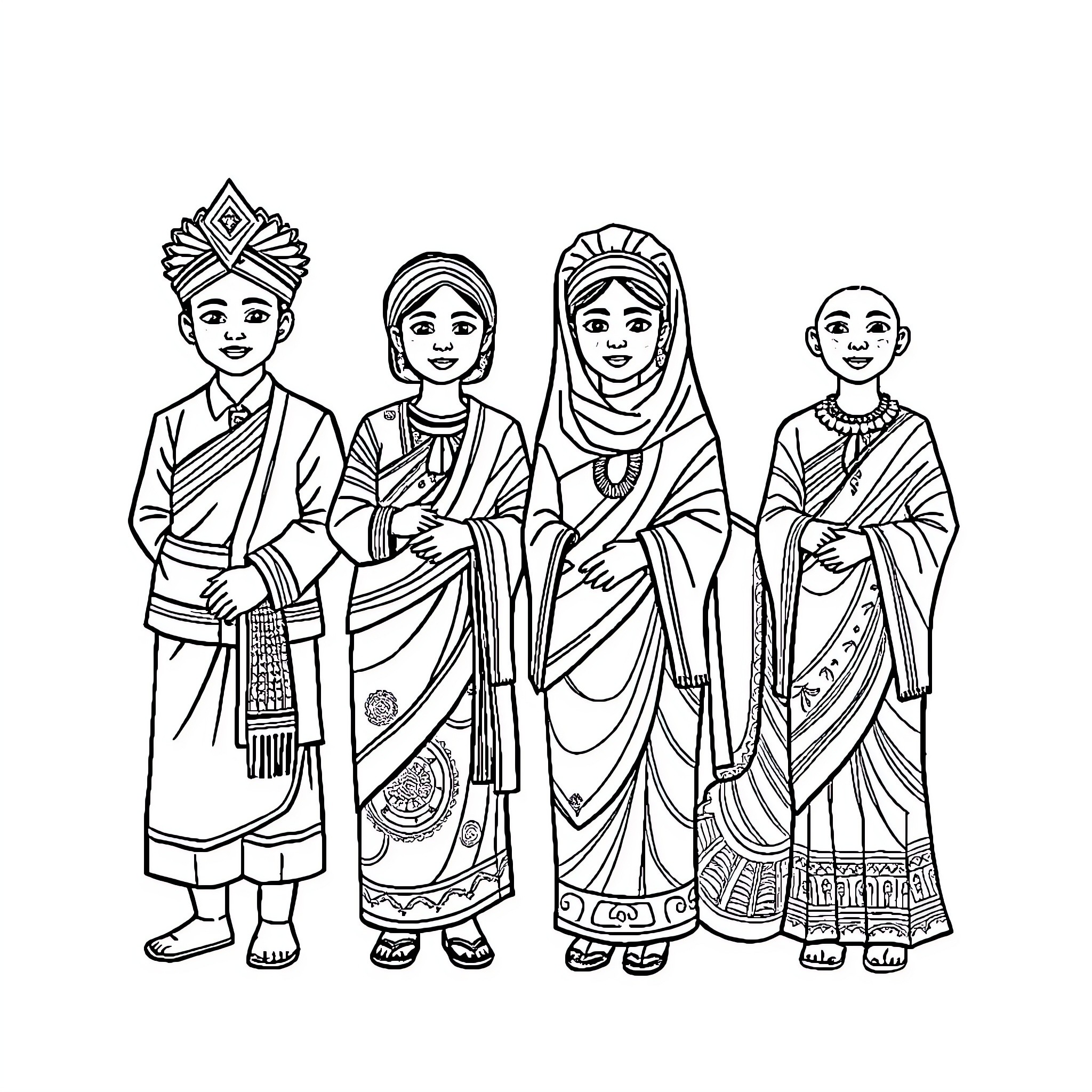 Indonesian Figure Group in Traditional Attire Coloring Page (free black-and-white line drawing printable PDF for all, from beginners to advanced learners, including children, teens, adults, and seniors)