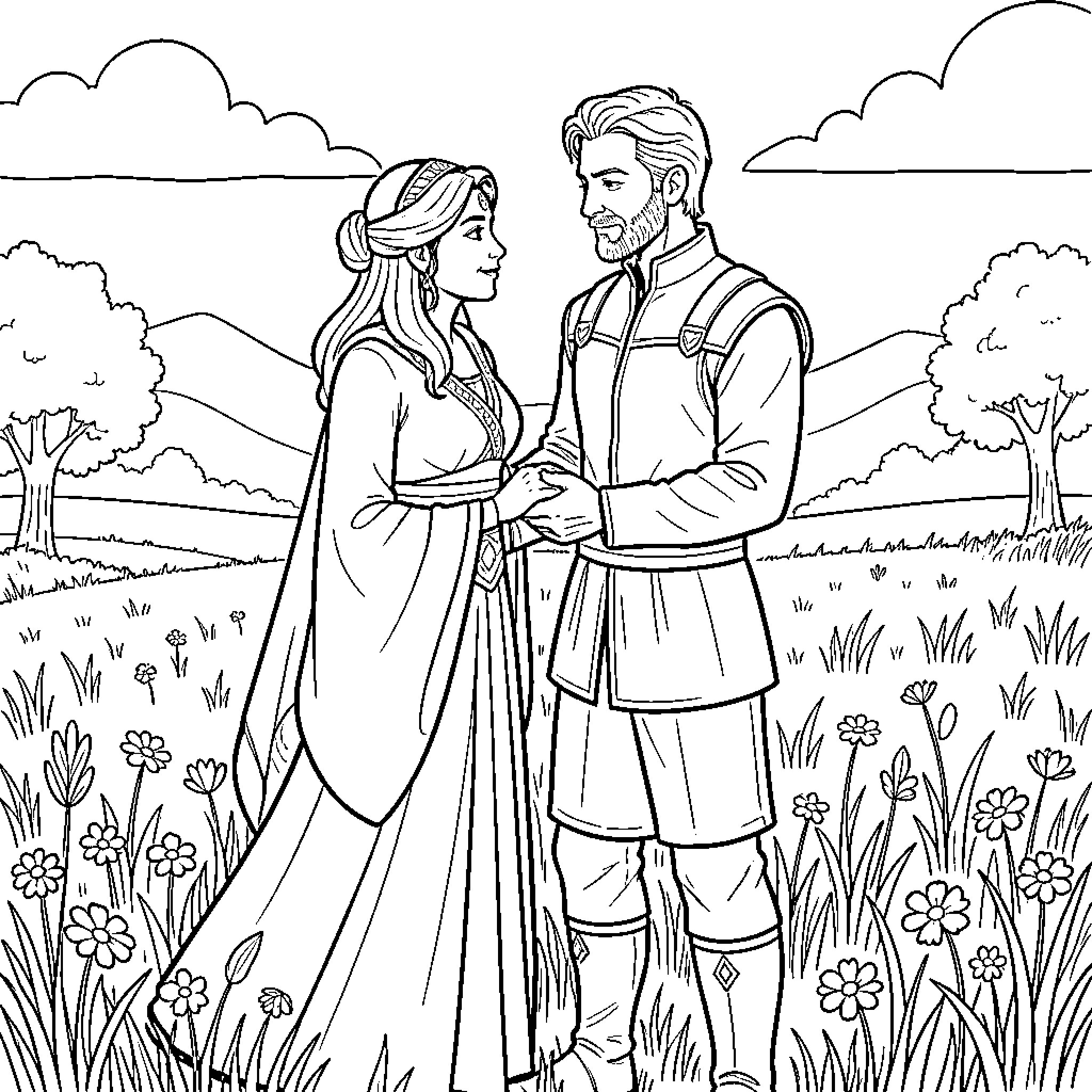 Padme and Anakin in a romantic outdoor setting Coloring Page (free black-and-white line drawing printable PDF for all, from beginners to advanced learners, including children, teens, adults, and seniors)