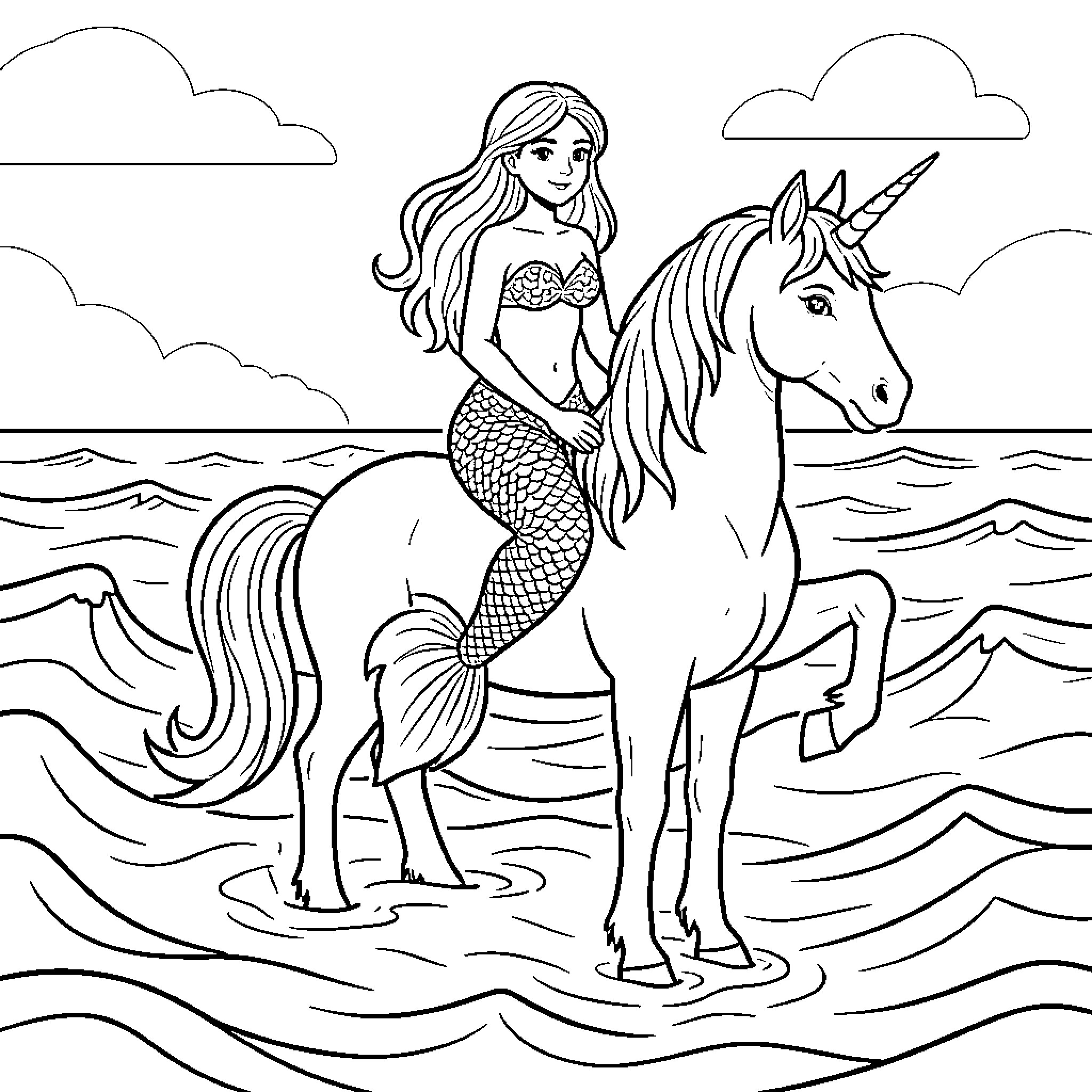 Mermaid riding a unicorn through ocean waves Coloring Page (free black-and-white line drawing printable PDF for all, from beginners to advanced learners, including children, teens, adults, and seniors)