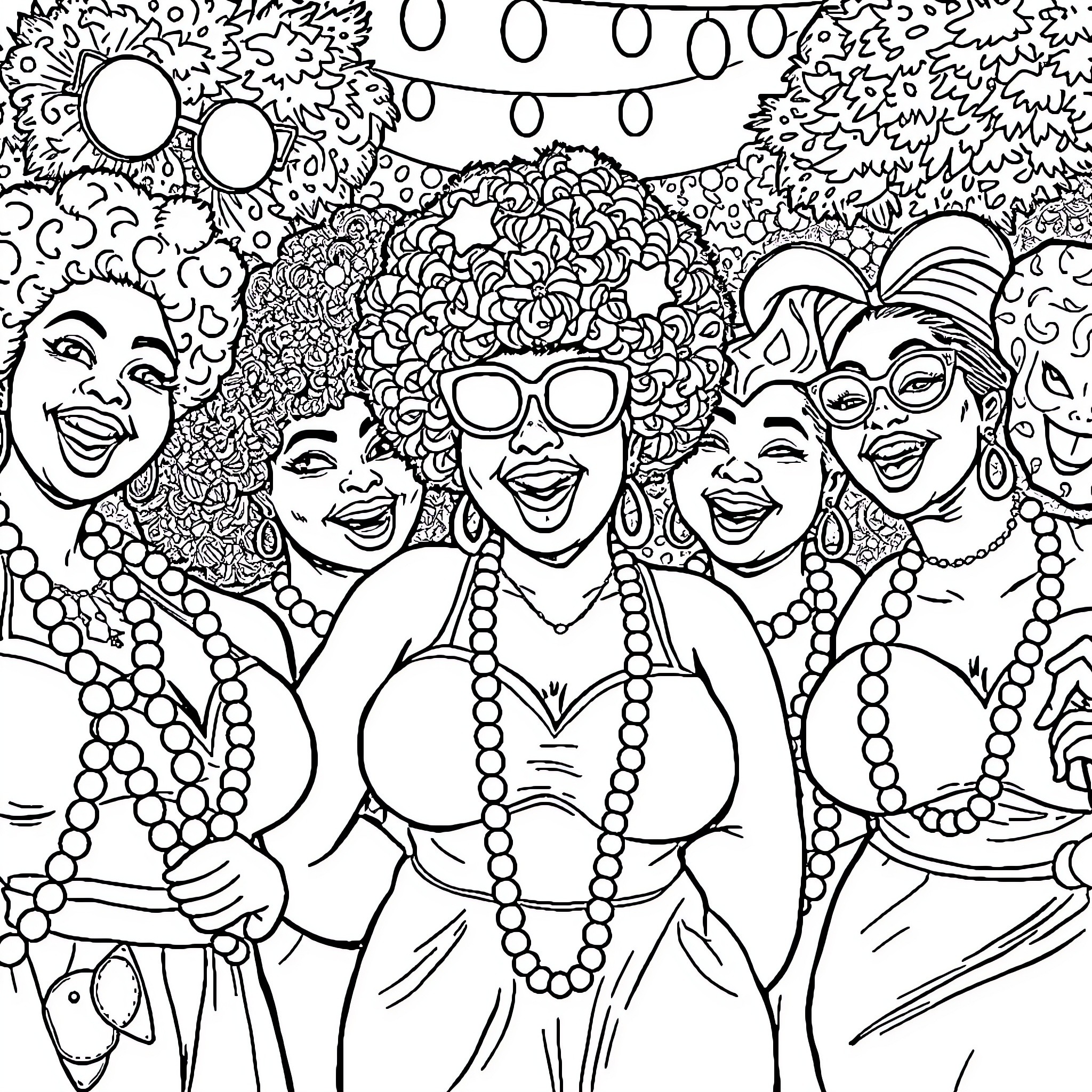 Women celebrating in festive attire Coloring Page (free black-and-white line drawing printable PDF for all, from beginners to advanced learners, including children, teens, adults, and seniors)