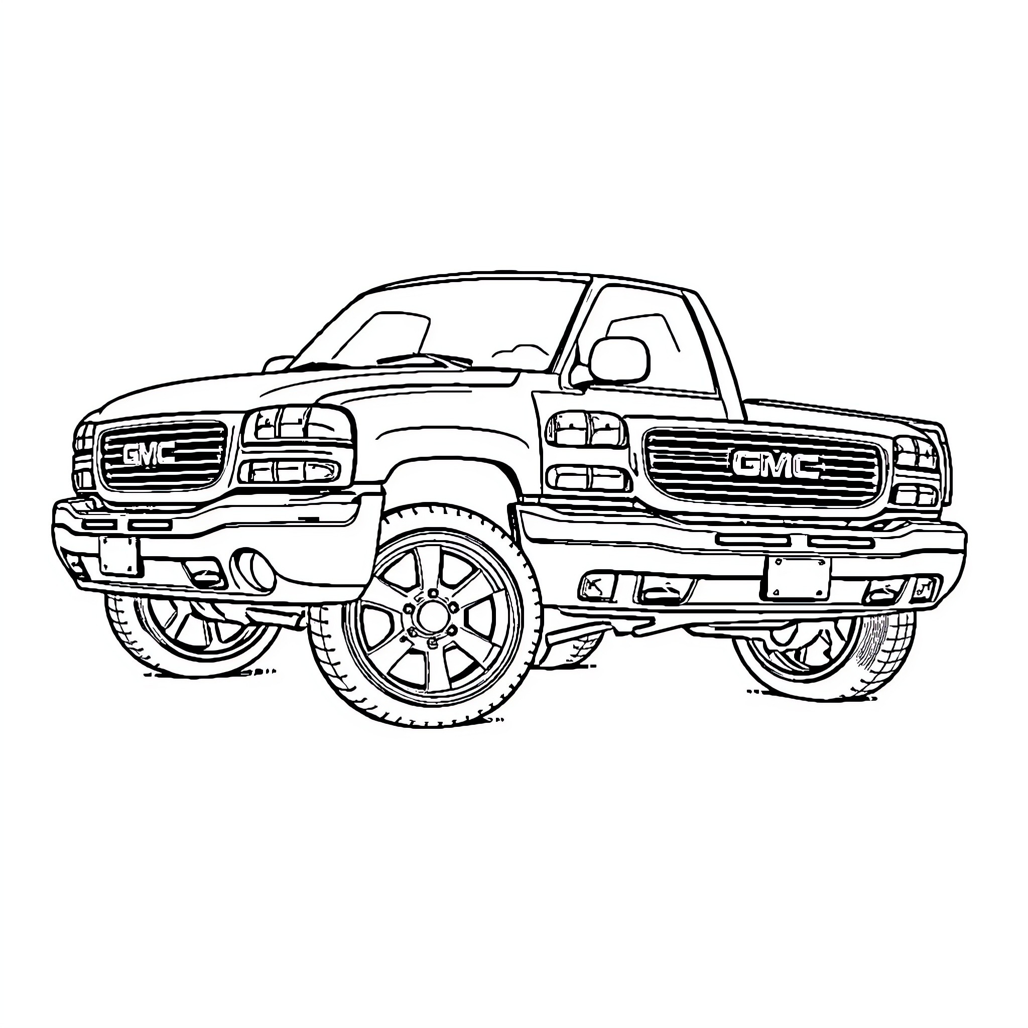 GMC Sierra Pickup Truck in Outline Coloring Page (free black-and-white line drawing printable PDF for all, from beginners to advanced learners, including children, teens, adults, and seniors)